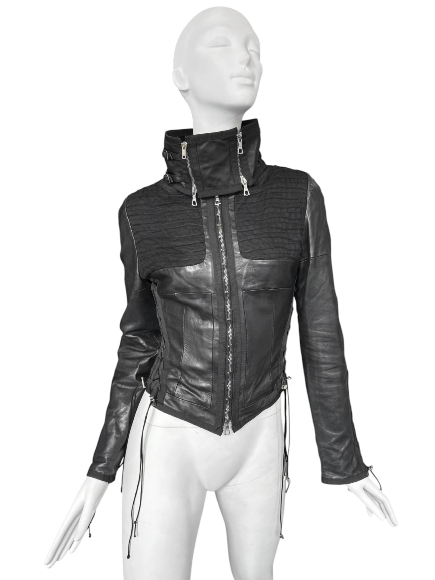 JITROIS 2000S BLACK LEATHER & MESH LACE-UP JACKET