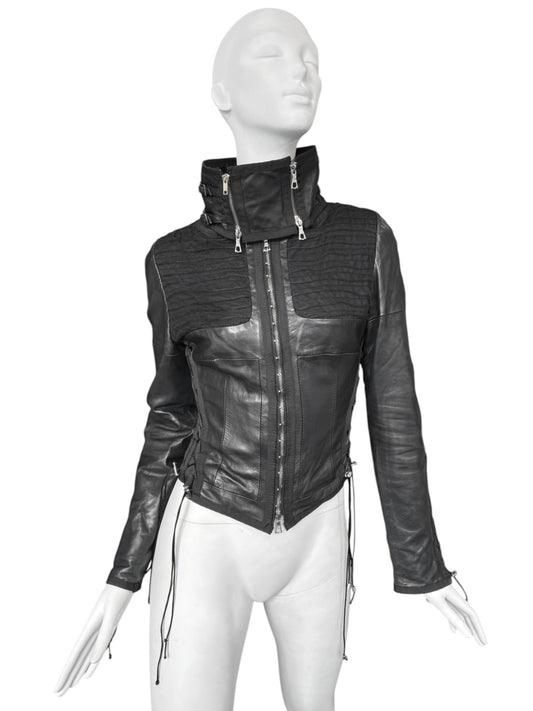 JITROIS 2000S BLACK LEATHER & MESH LACE-UP JACKET
