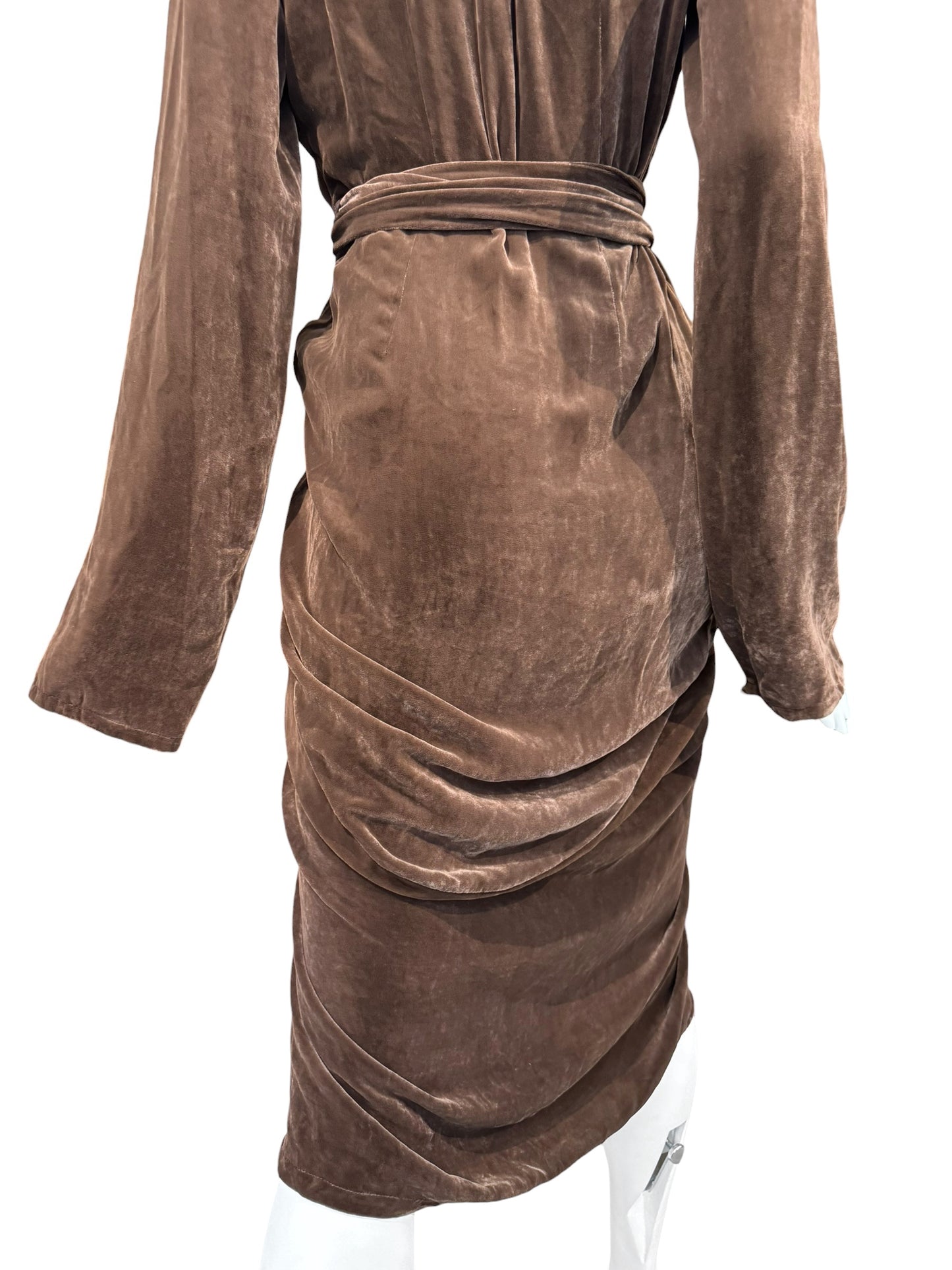 RICK OWENS FW2023 «LUXOR»BROWN VELVET DRAPED WRAP MIDI DRESS