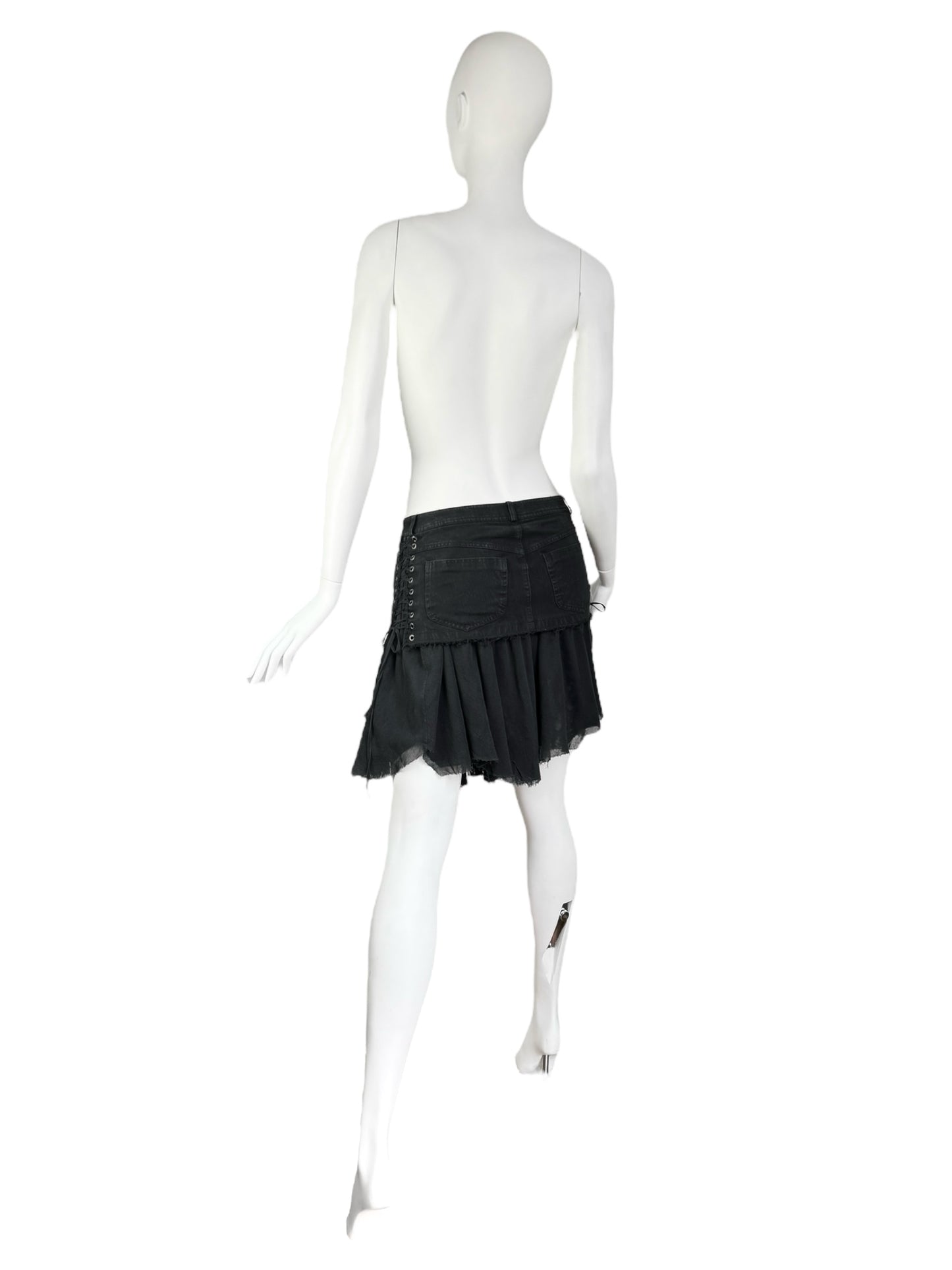 PLEIN SUD 2000s BLACK DENIM & TULLE LACED MINI SKIRT