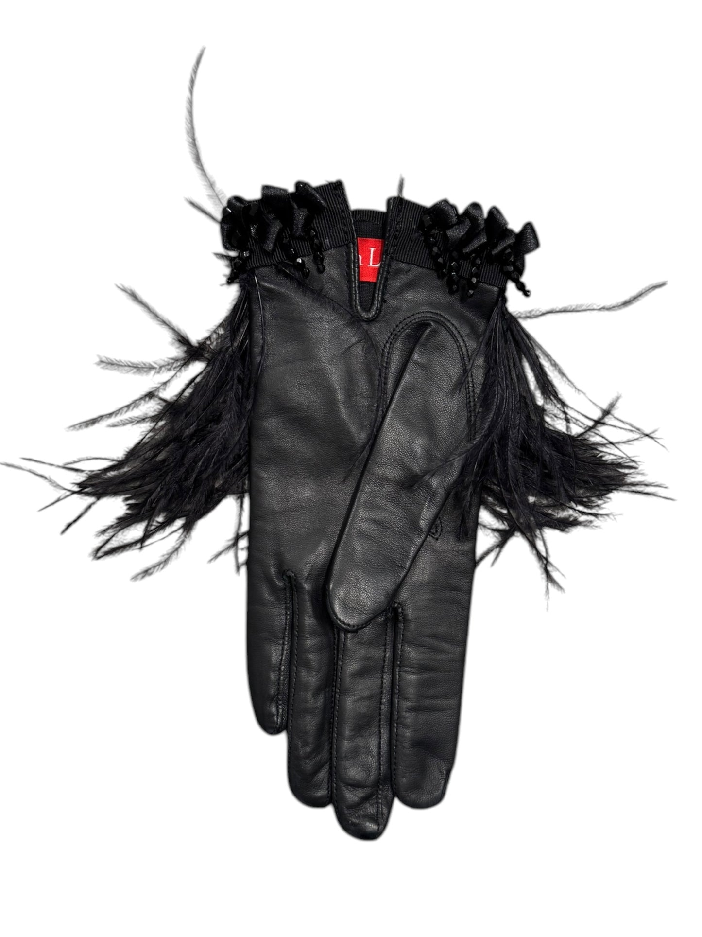 CHRISTIAN LACROIX 2000s BLACK LEATHER & OSTRICH FEATHERS EMBELLISHED CLUTCH & GLOVES