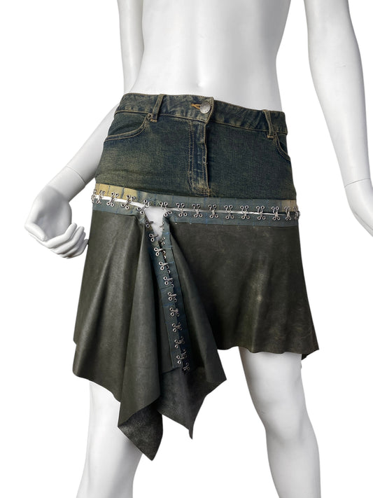 PLEIN SUD JEANS FW2003 DENIM & LEATHER HOOKED SKIRT