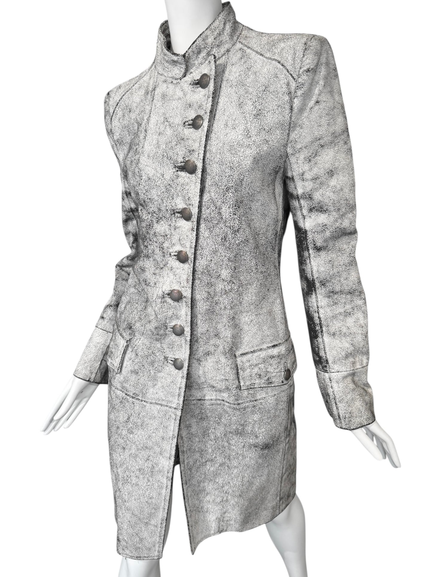 ANN DEMEULEMEESTER SS2002 WHITE CRACKED LEATHER COAT