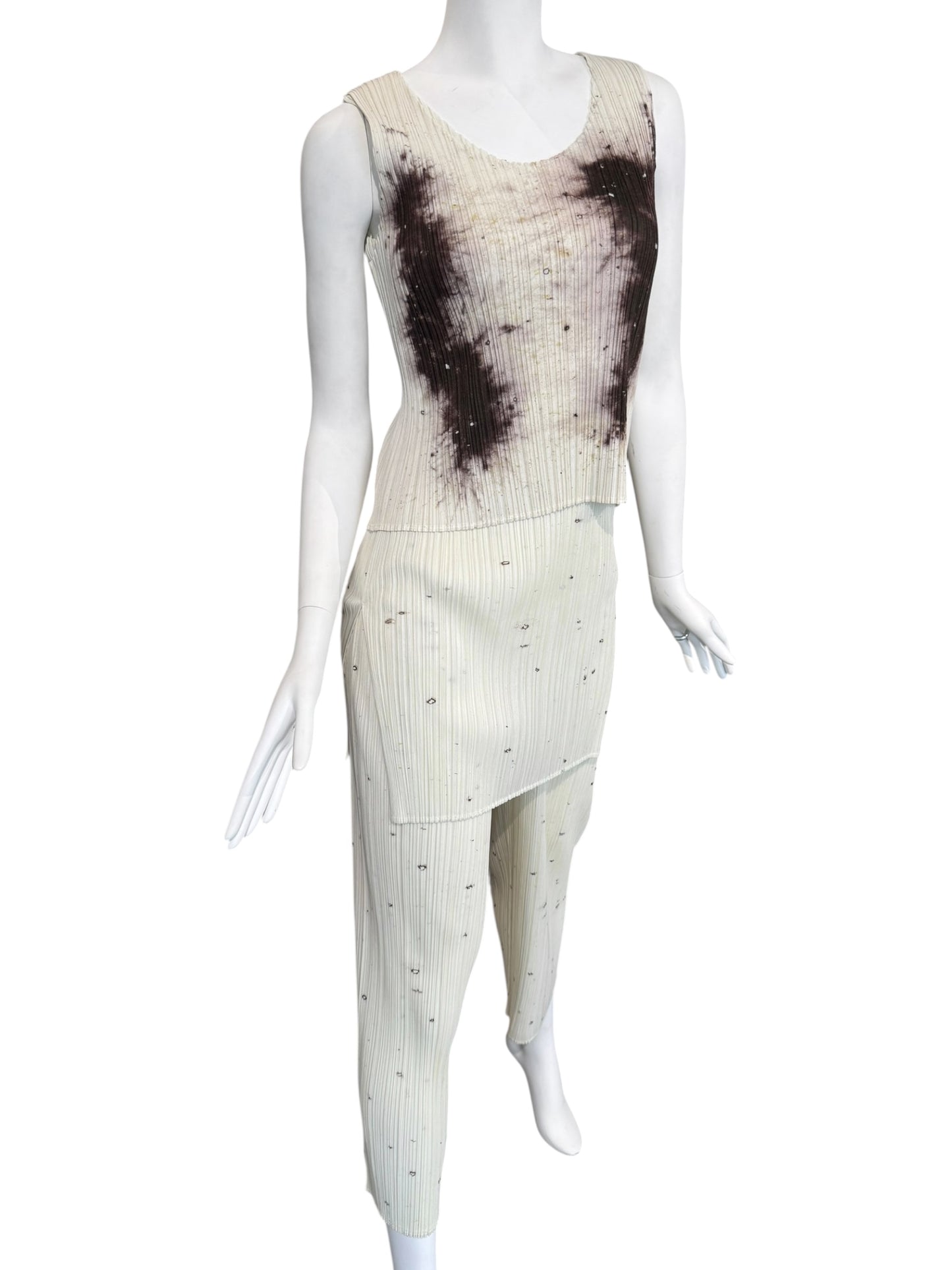 PLEATS PLEASE ISSEY MIYAKE 1998 X CAI GUO-QIANG GUNPOWDER PRINT PLEATED 3P. SET (TOP, PANTS & TUNIC)