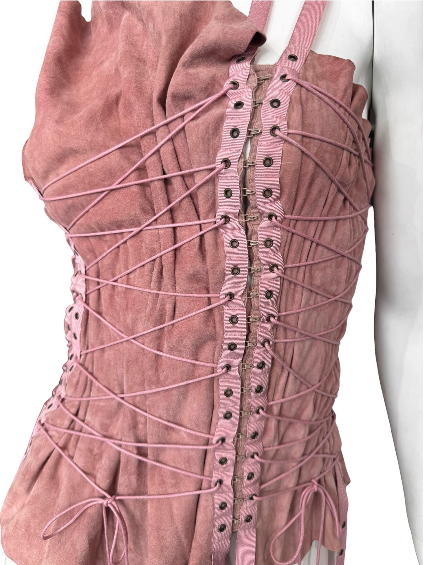 PLEIN SUD SS2003 PINK LEATHER LACE-UP BONDAGE TANK TOP