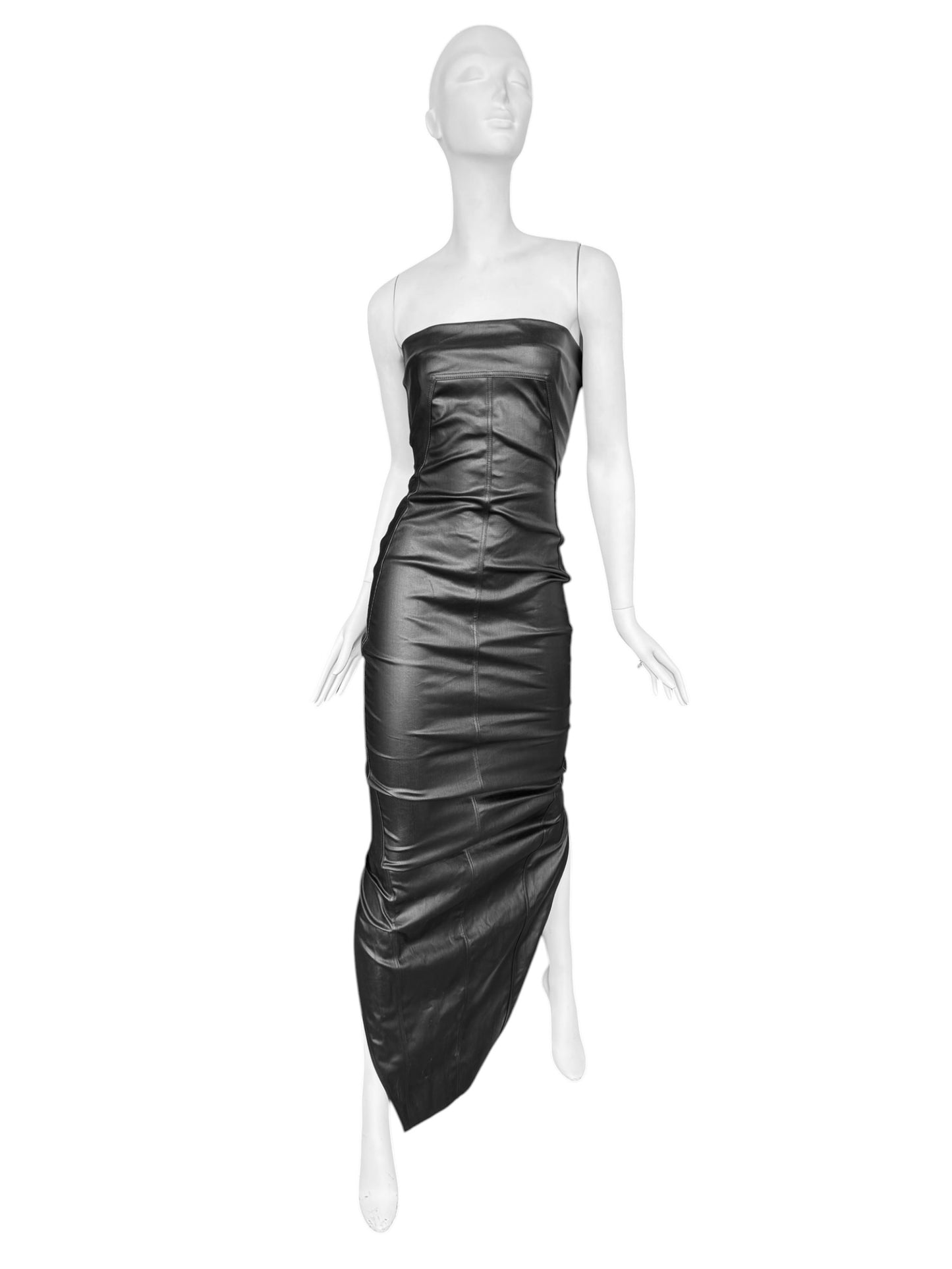 RICK OWENS SS2024 «LIDO» BLACK COATED DENIM BUSTIER MAXI DRESS