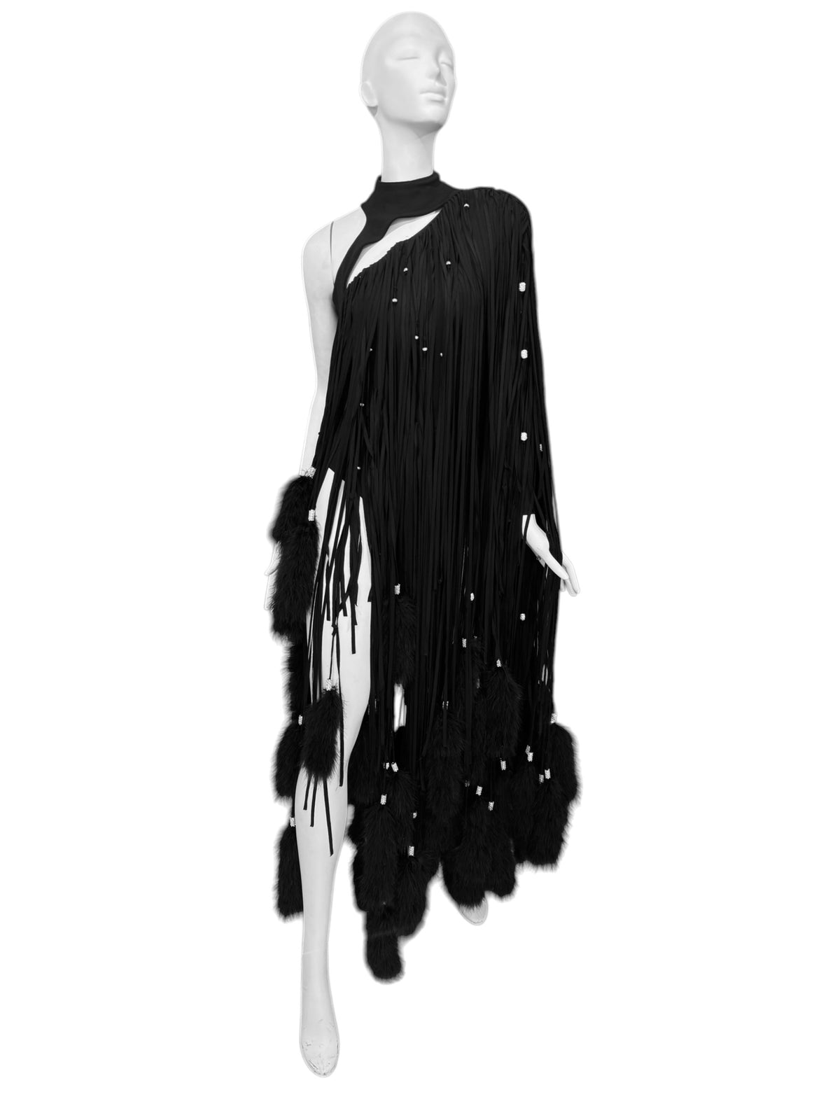 ALEXANDRE VAUTHIER HAUTE COUTURE FW2021 BLACK MARABOU FEATHERS FRINGES ASYMMETRICAL BODY