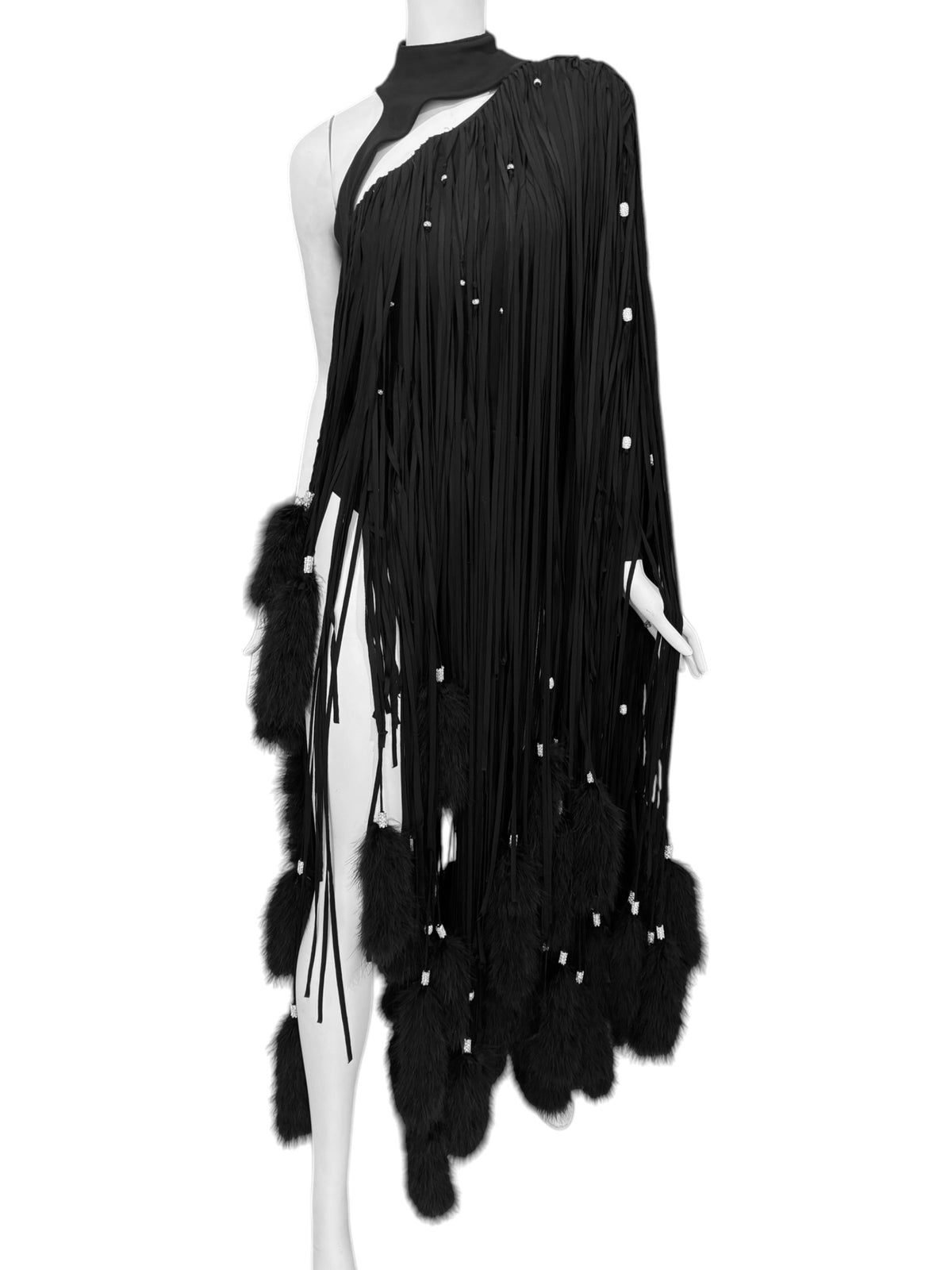 ALEXANDRE VAUTHIER HAUTE COUTURE FW2021 BLACK MARABOU FEATHERS FRINGES ASYMMETRICAL BODY