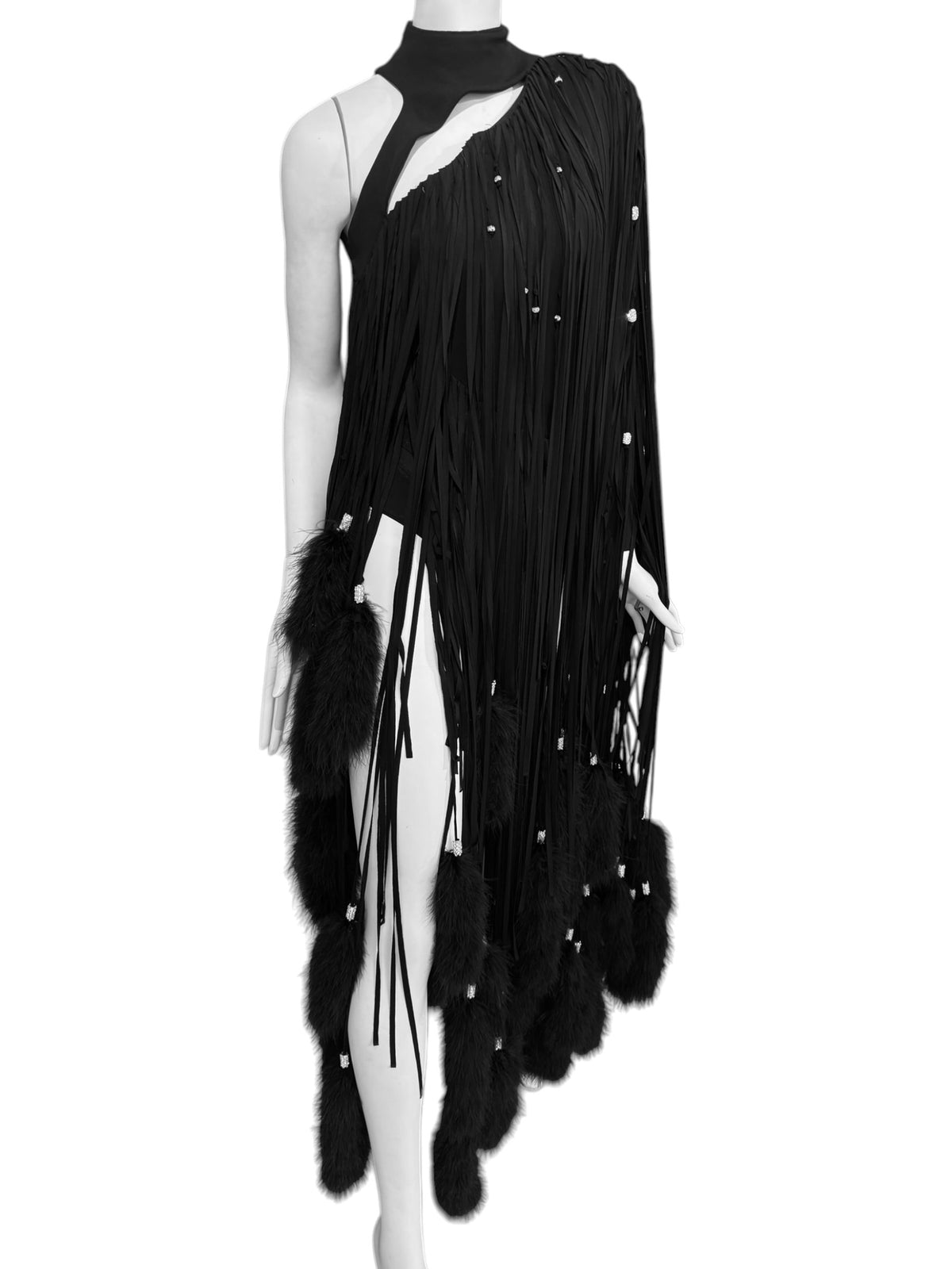 ALEXANDRE VAUTHIER HAUTE COUTURE FW2021 BLACK MARABOU FEATHERS FRINGES ASYMMETRICAL BODY