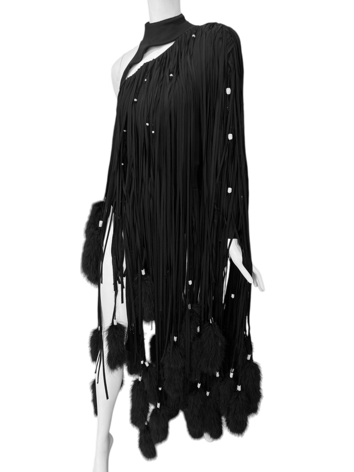 ALEXANDRE VAUTHIER HAUTE COUTURE FW2021 BLACK MARABOU FEATHERS FRINGES ASYMMETRICAL BODY