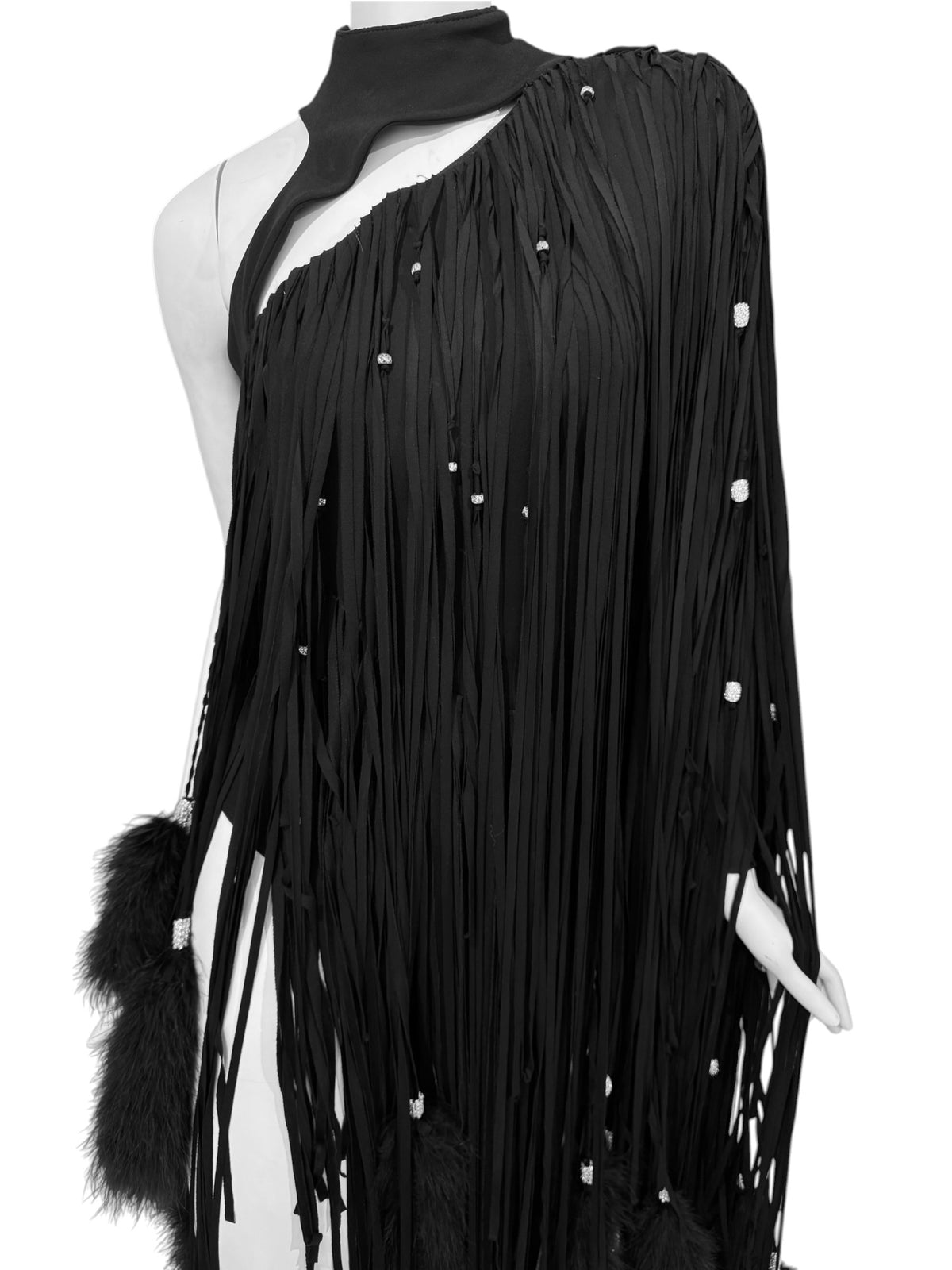 ALEXANDRE VAUTHIER HAUTE COUTURE FW2021 BLACK MARABOU FEATHERS FRINGES ASYMMETRICAL BODY