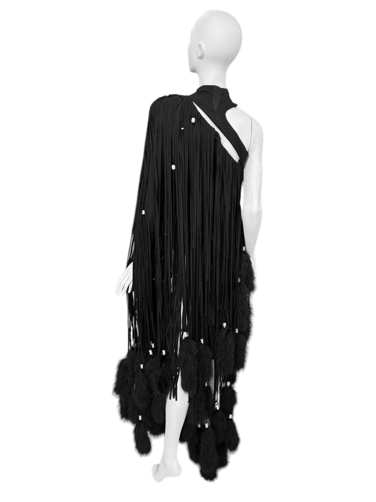 ALEXANDRE VAUTHIER HAUTE COUTURE FW2021 BLACK MARABOU FEATHERS FRINGES ASYMMETRICAL BODY
