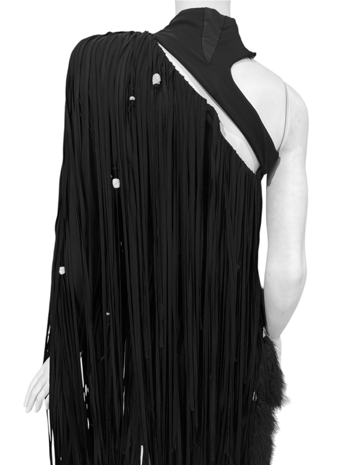 ALEXANDRE VAUTHIER HAUTE COUTURE FW2021 BLACK MARABOU FEATHERS FRINGES ASYMMETRICAL BODY