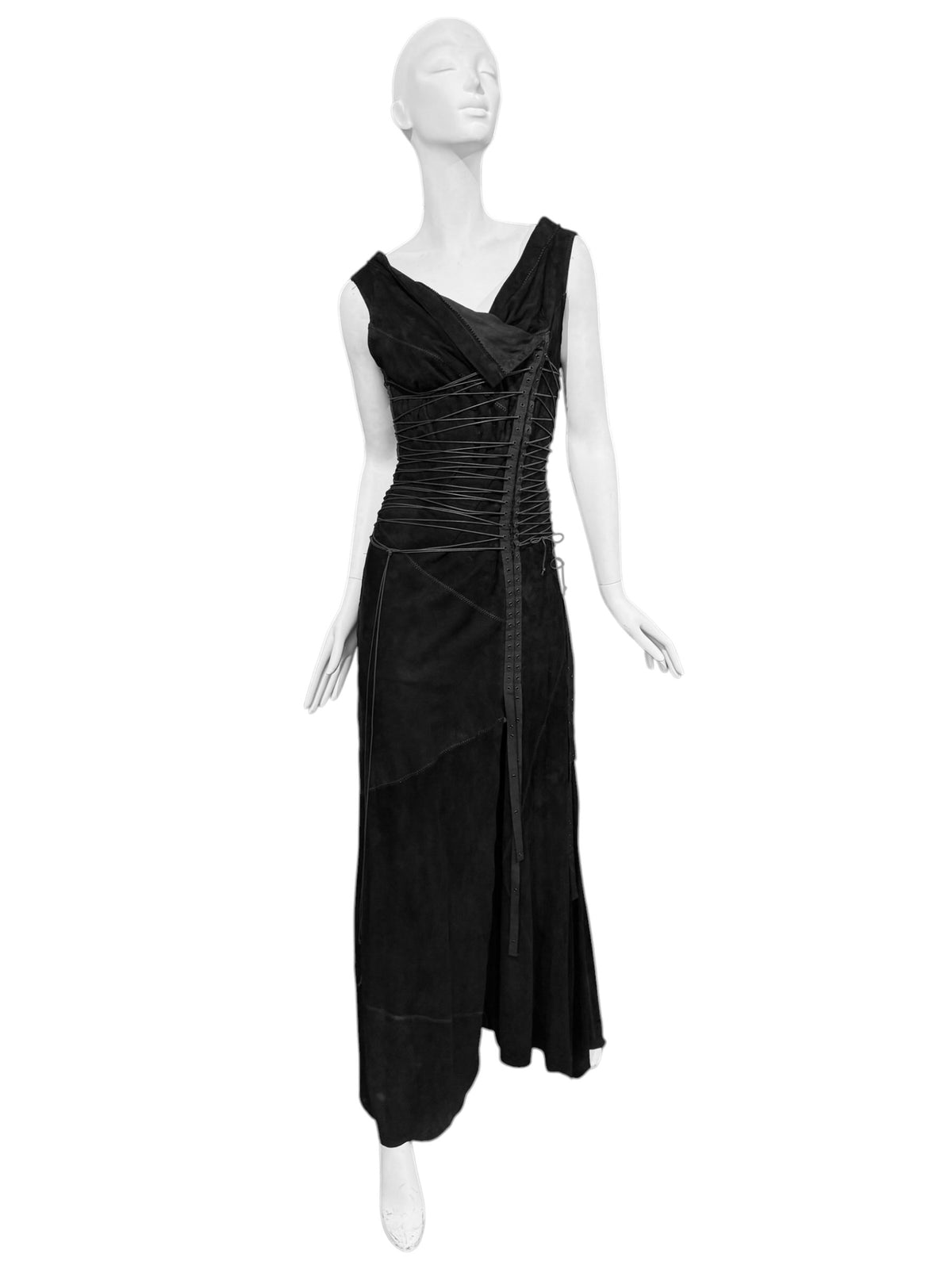 FAYÇAL AMOR SS2003 BLACK LEATHER LACE-UP BONDAGE MAXI DRESS