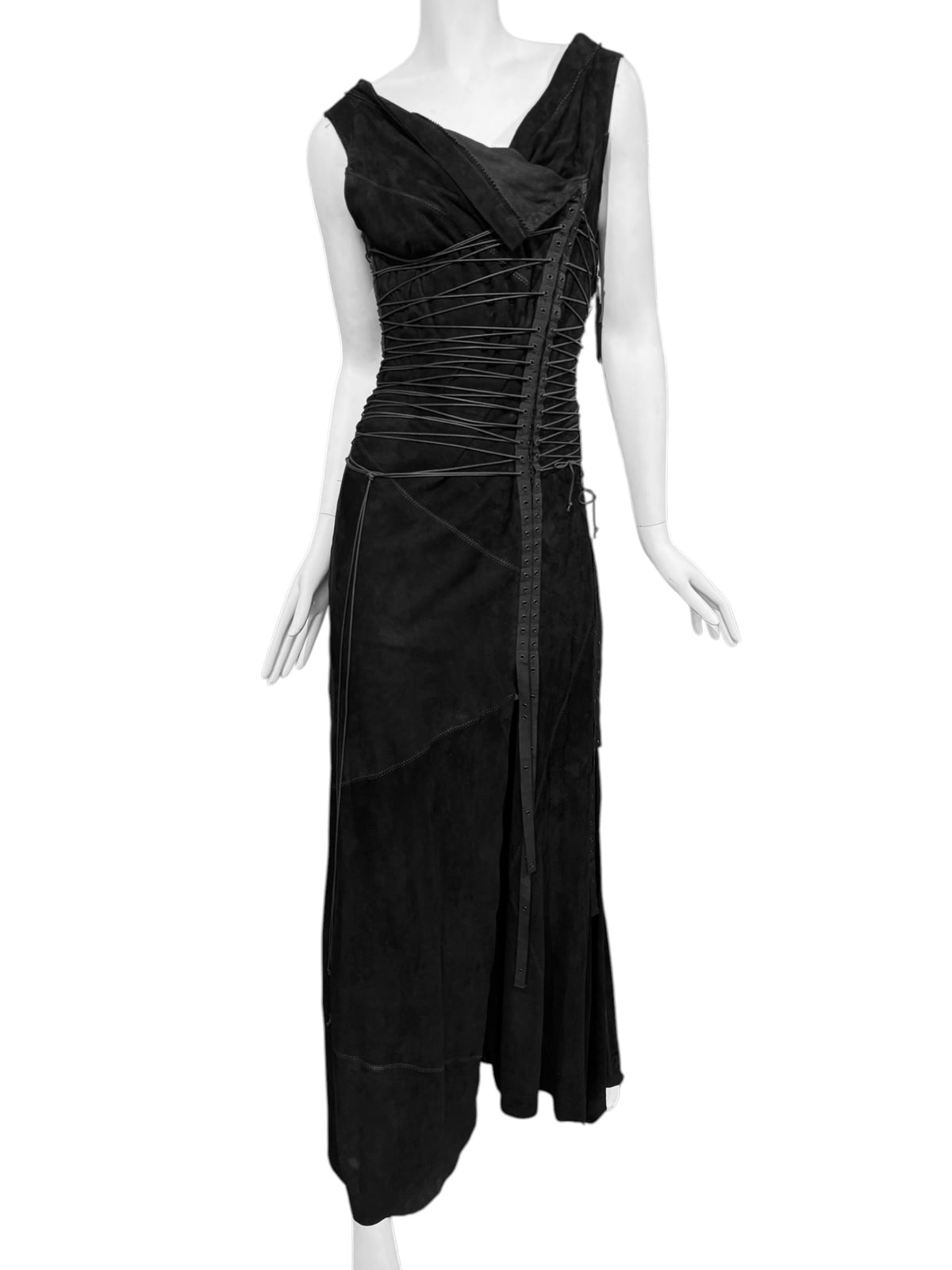 FAYÇAL AMOR SS2003 BLACK LEATHER LACE-UP BONDAGE MAXI DRESS