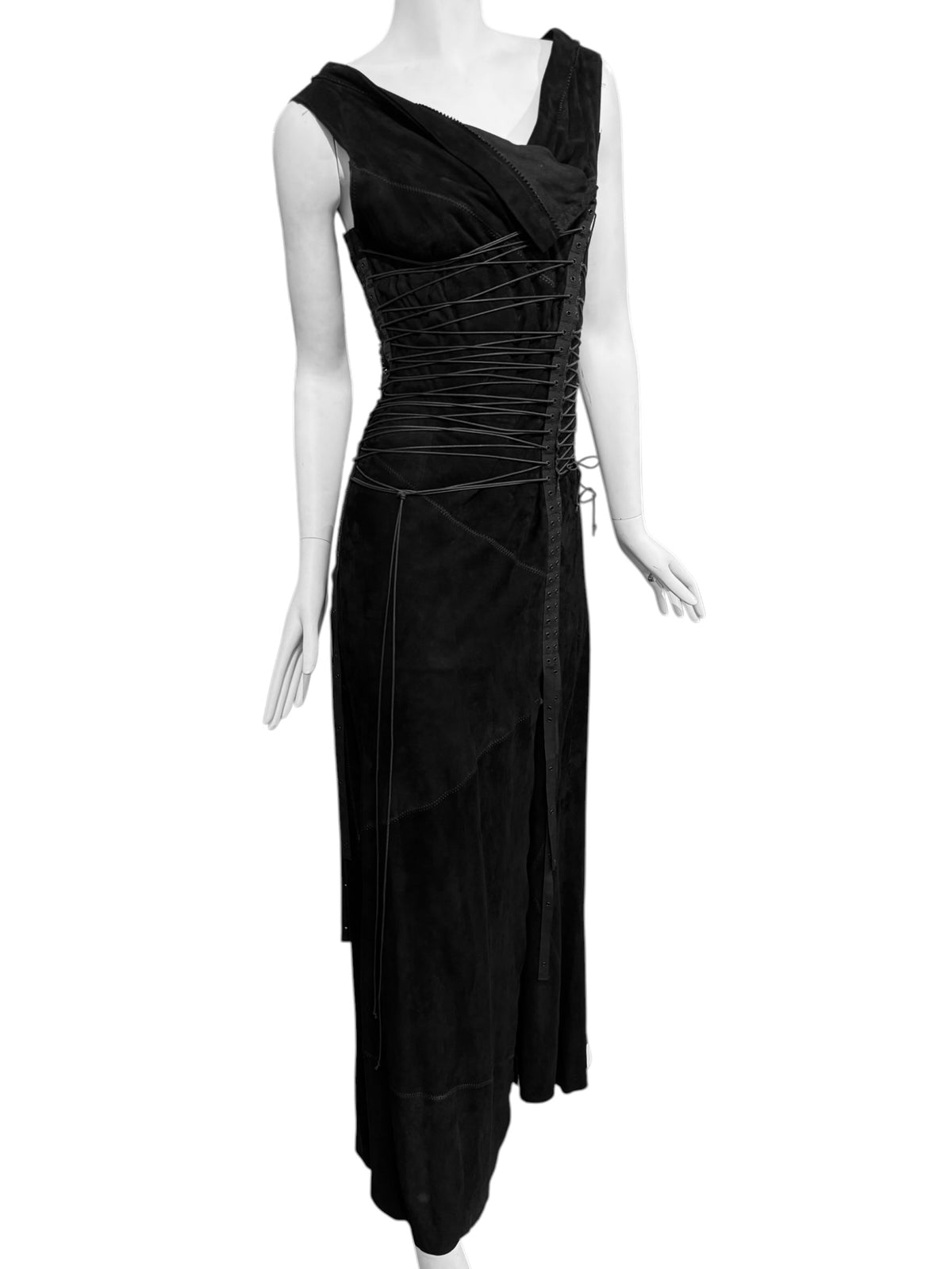 FAYÇAL AMOR SS2003 BLACK LEATHER LACE-UP BONDAGE MAXI DRESS