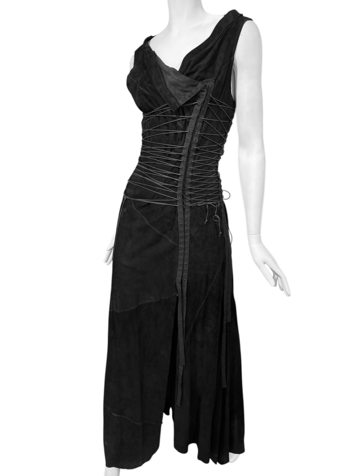 FAYÇAL AMOR SS2003 BLACK LEATHER LACE-UP BONDAGE MAXI DRESS