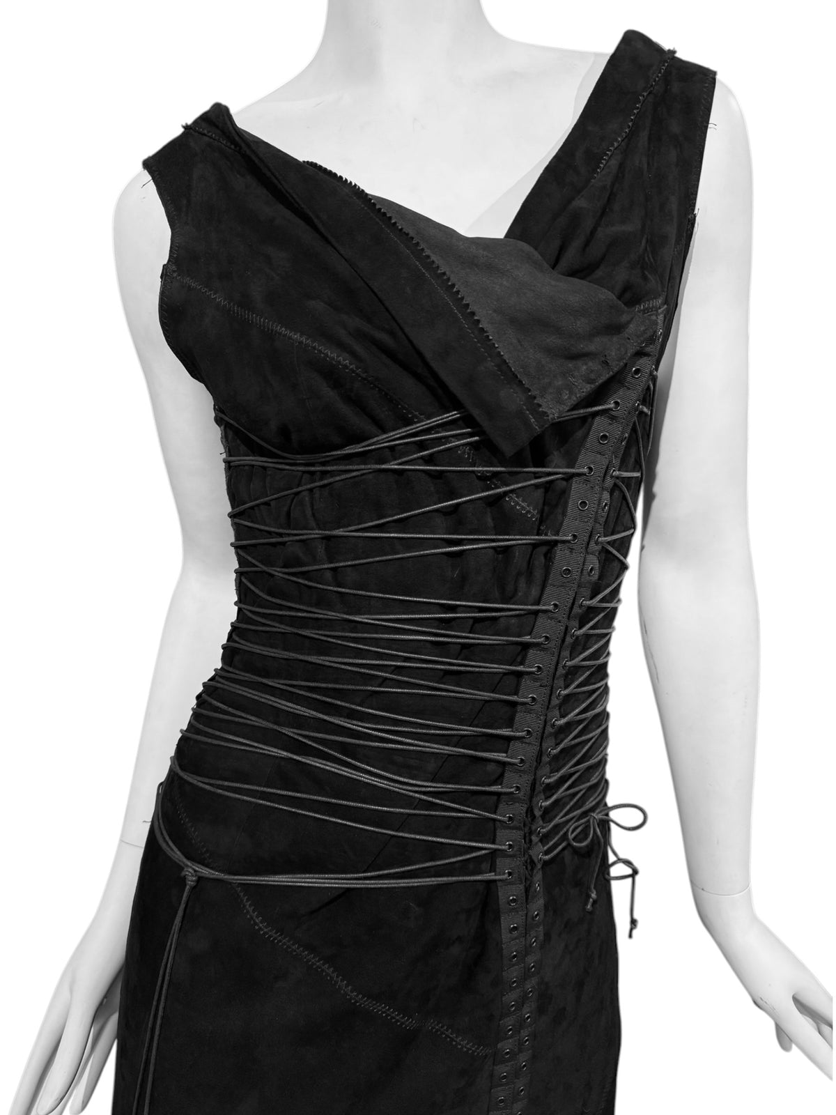 FAYÇAL AMOR SS2003 BLACK LEATHER LACE-UP BONDAGE MAXI DRESS
