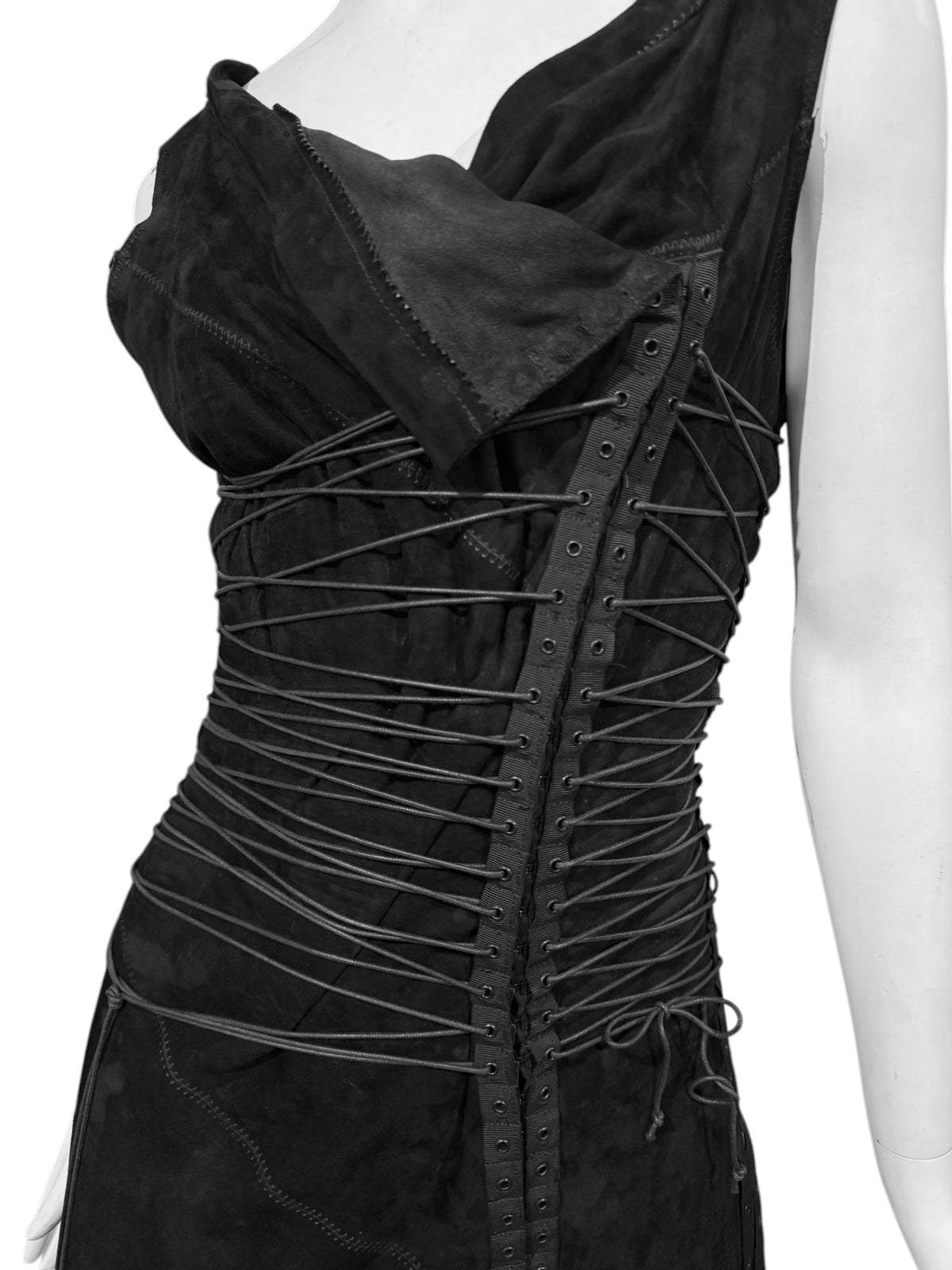 FAYÇAL AMOR SS2003 BLACK LEATHER LACE-UP BONDAGE MAXI DRESS