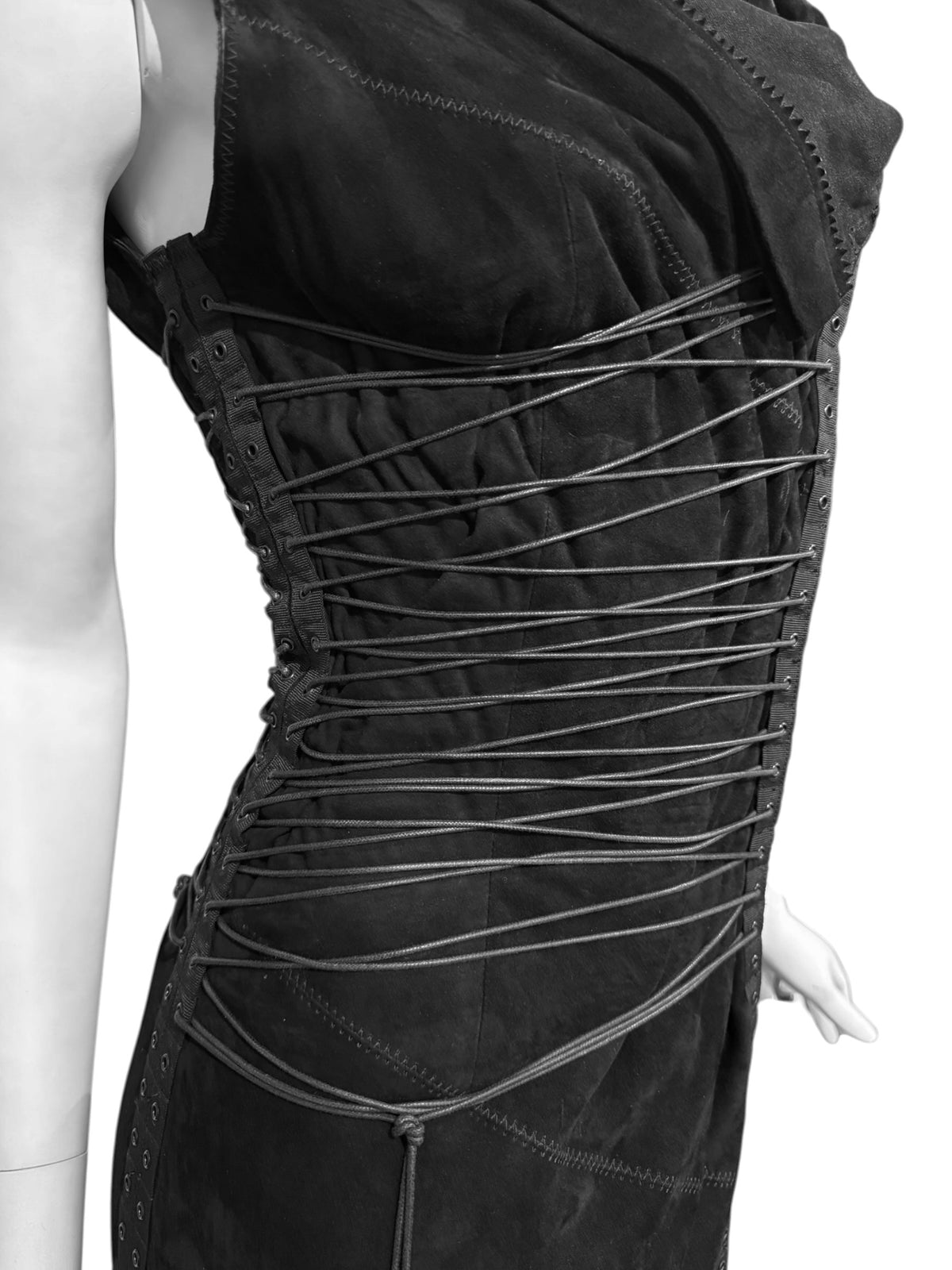 FAYÇAL AMOR SS2003 BLACK LEATHER LACE-UP BONDAGE MAXI DRESS