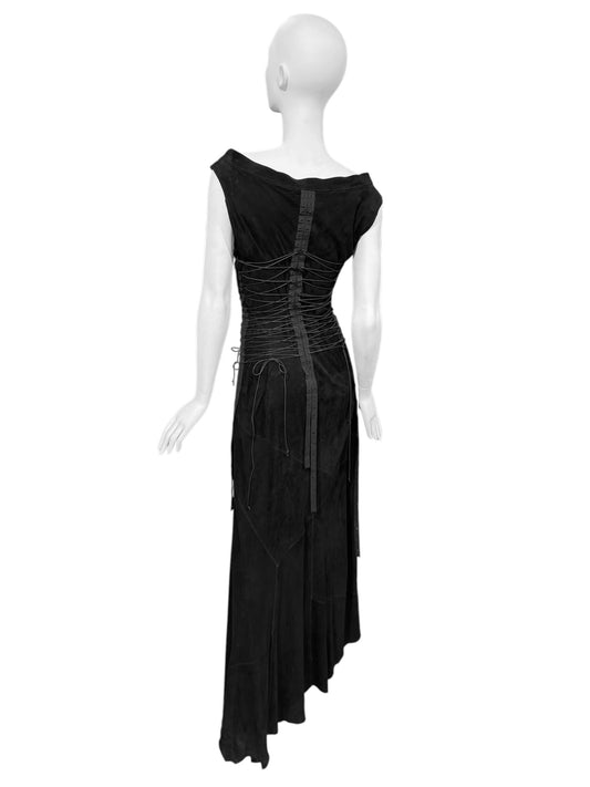 FAYÇAL AMOR SS2003 BLACK LEATHER LACE-UP BONDAGE MAXI DRESS