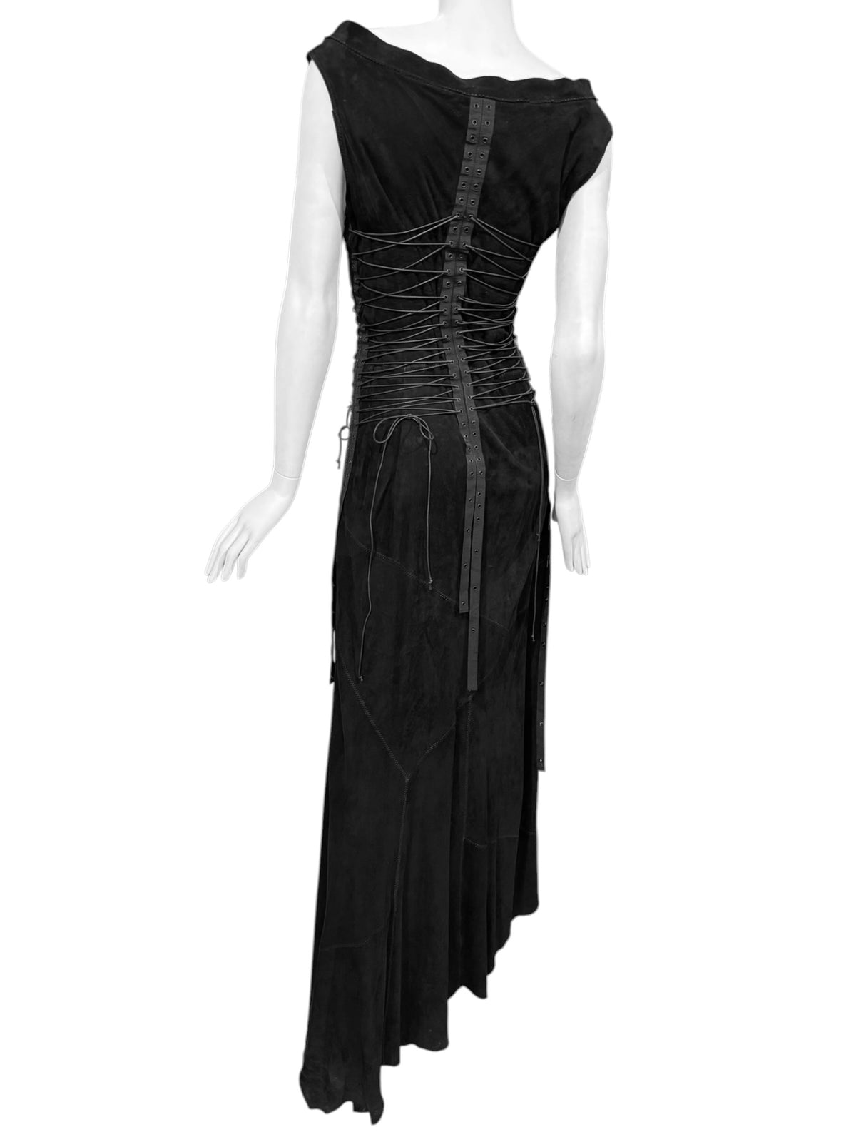 FAYÇAL AMOR SS2003 BLACK LEATHER LACE-UP BONDAGE MAXI DRESS