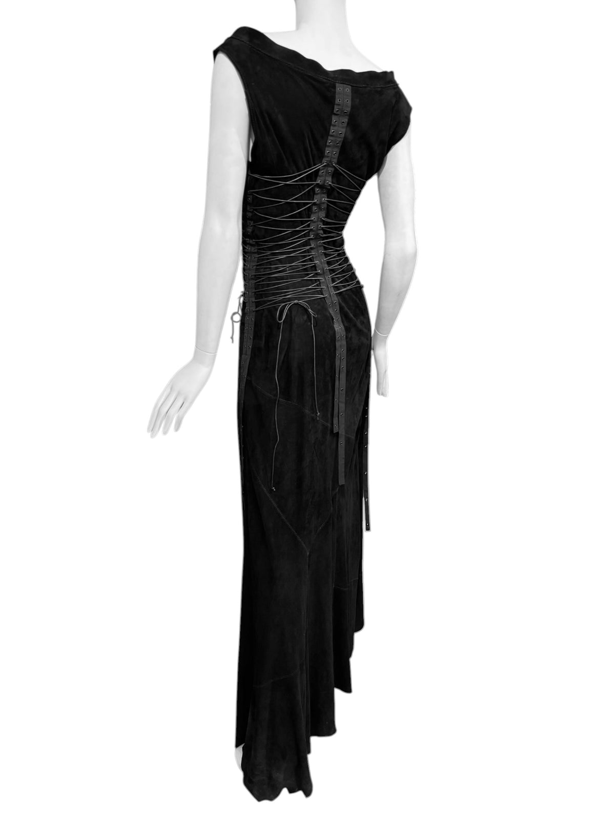 FAYÇAL AMOR SS2003 BLACK LEATHER LACE-UP BONDAGE MAXI DRESS