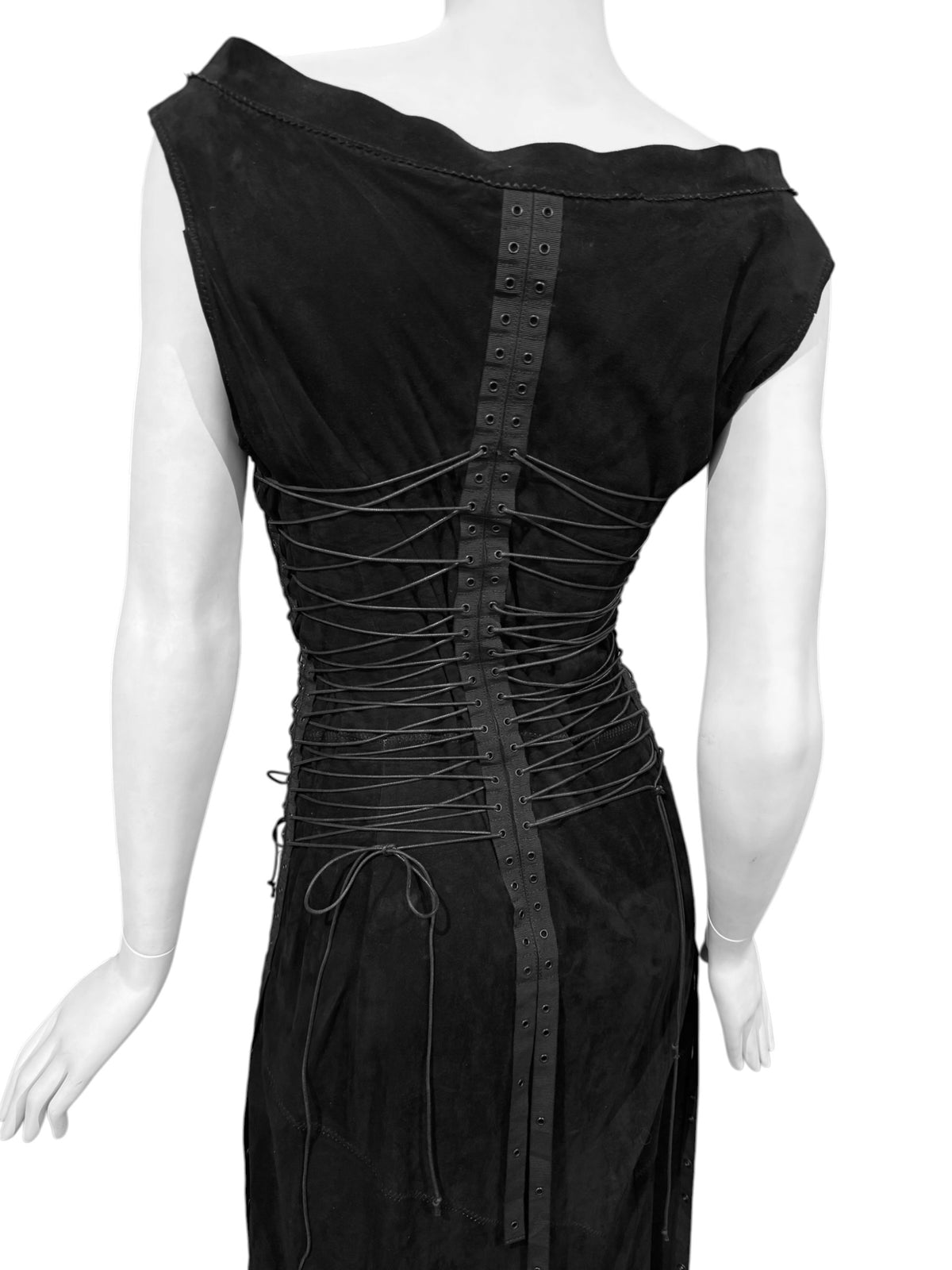 FAYÇAL AMOR SS2003 BLACK LEATHER LACE-UP BONDAGE MAXI DRESS