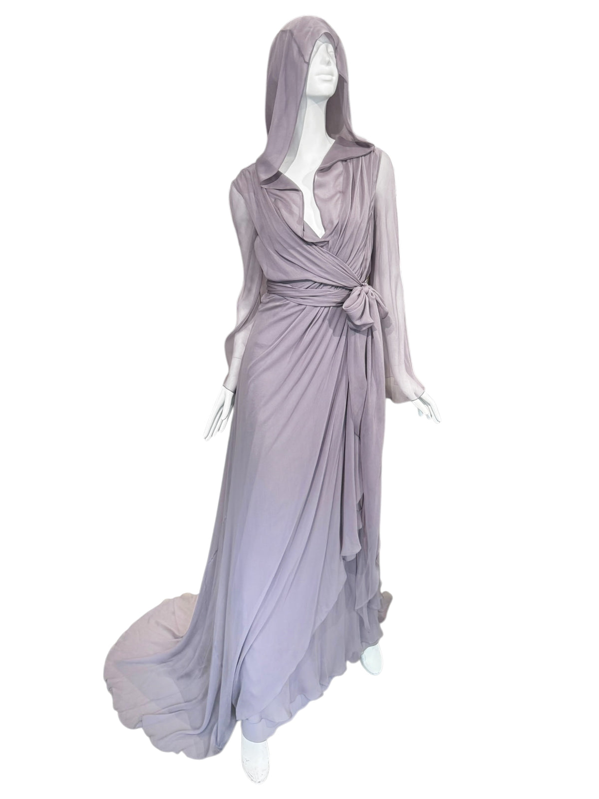 ALBERTA FERRETTI PRE-FALL 2023 LAVENDER SILK HOODED MAXI DRESS