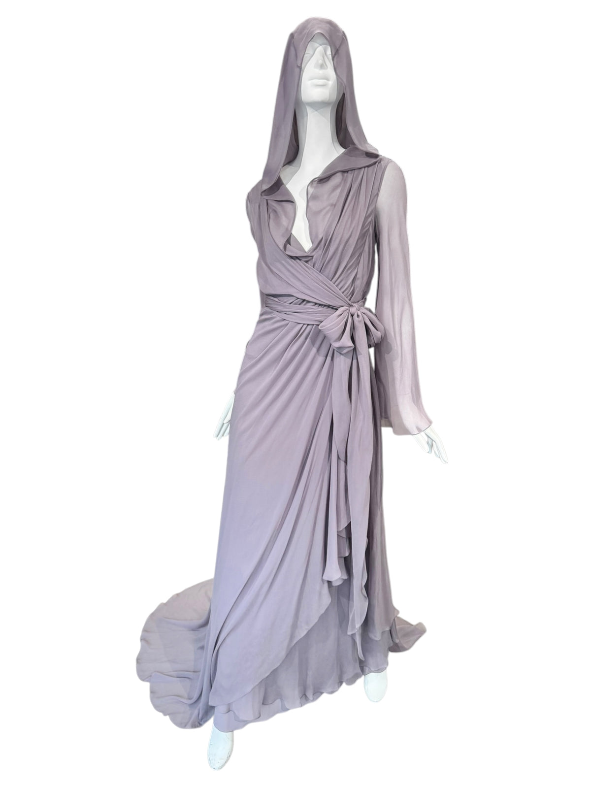 ALBERTA FERRETTI PRE-FALL 2023 LAVENDER SILK HOODED MAXI DRESS