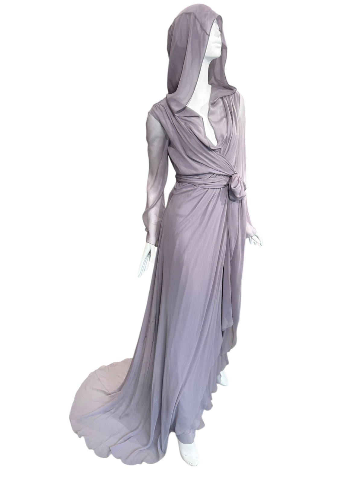 ALBERTA FERRETTI PRE-FALL 2023 LAVENDER SILK HOODED MAXI DRESS