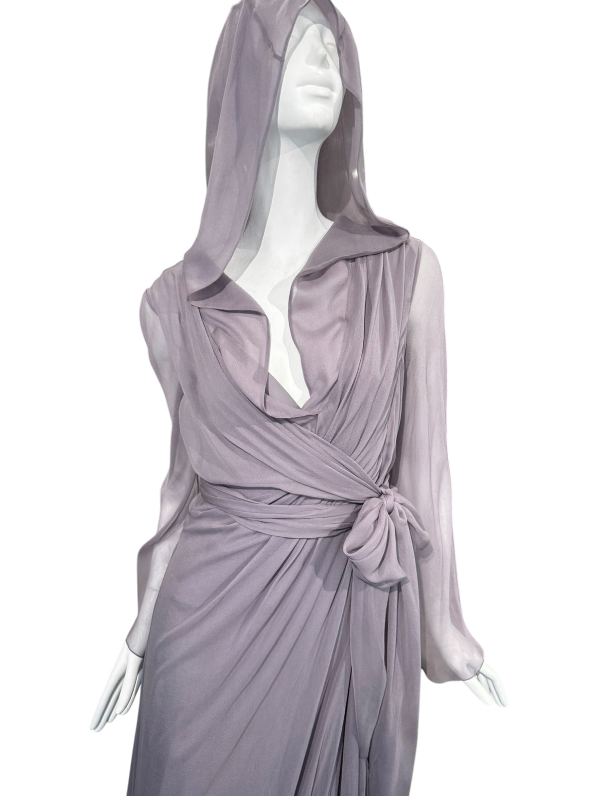 ALBERTA FERRETTI PRE-FALL 2023 LAVENDER SILK HOODED MAXI DRESS
