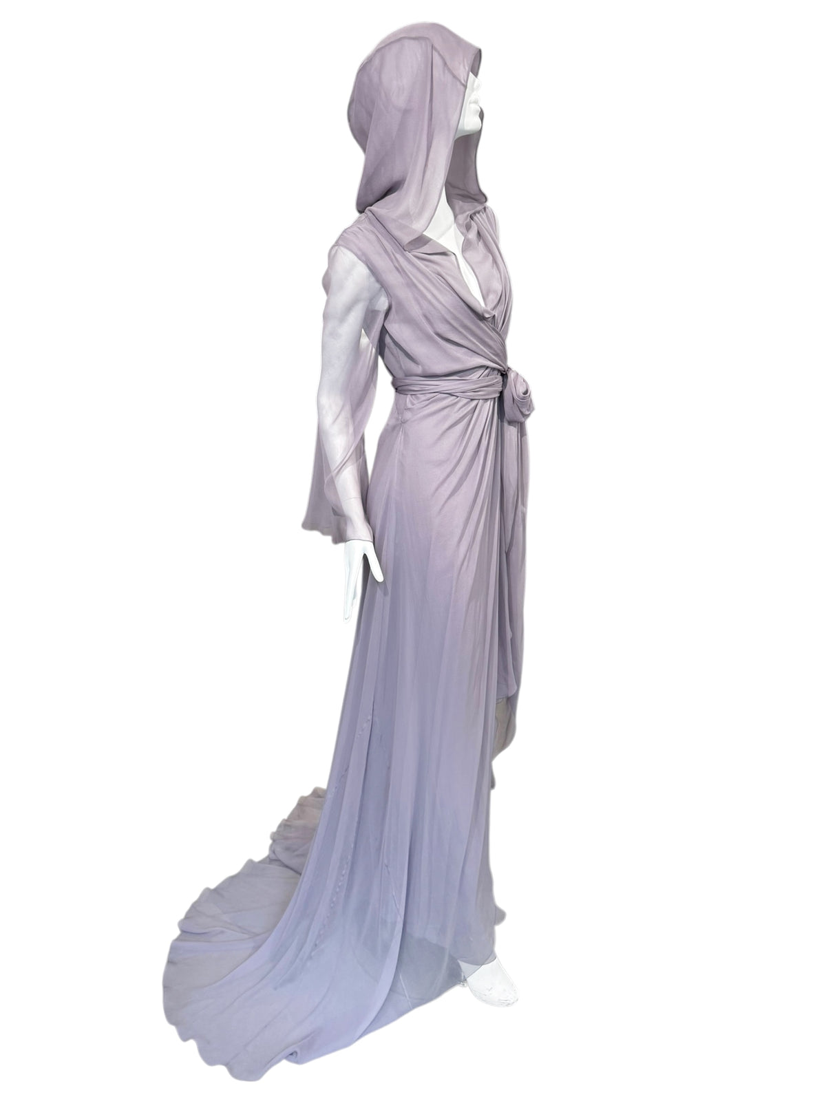 ALBERTA FERRETTI PRE-FALL 2023 LAVENDER SILK HOODED MAXI DRESS