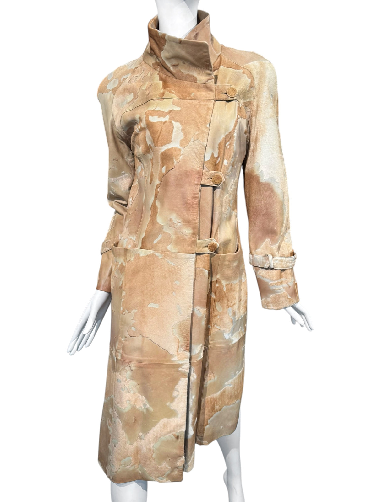 SCHERRER 2000s BY STÉPHANE ROLLAND BEIGE COWHIDE ASYMMETRICAL COAT
