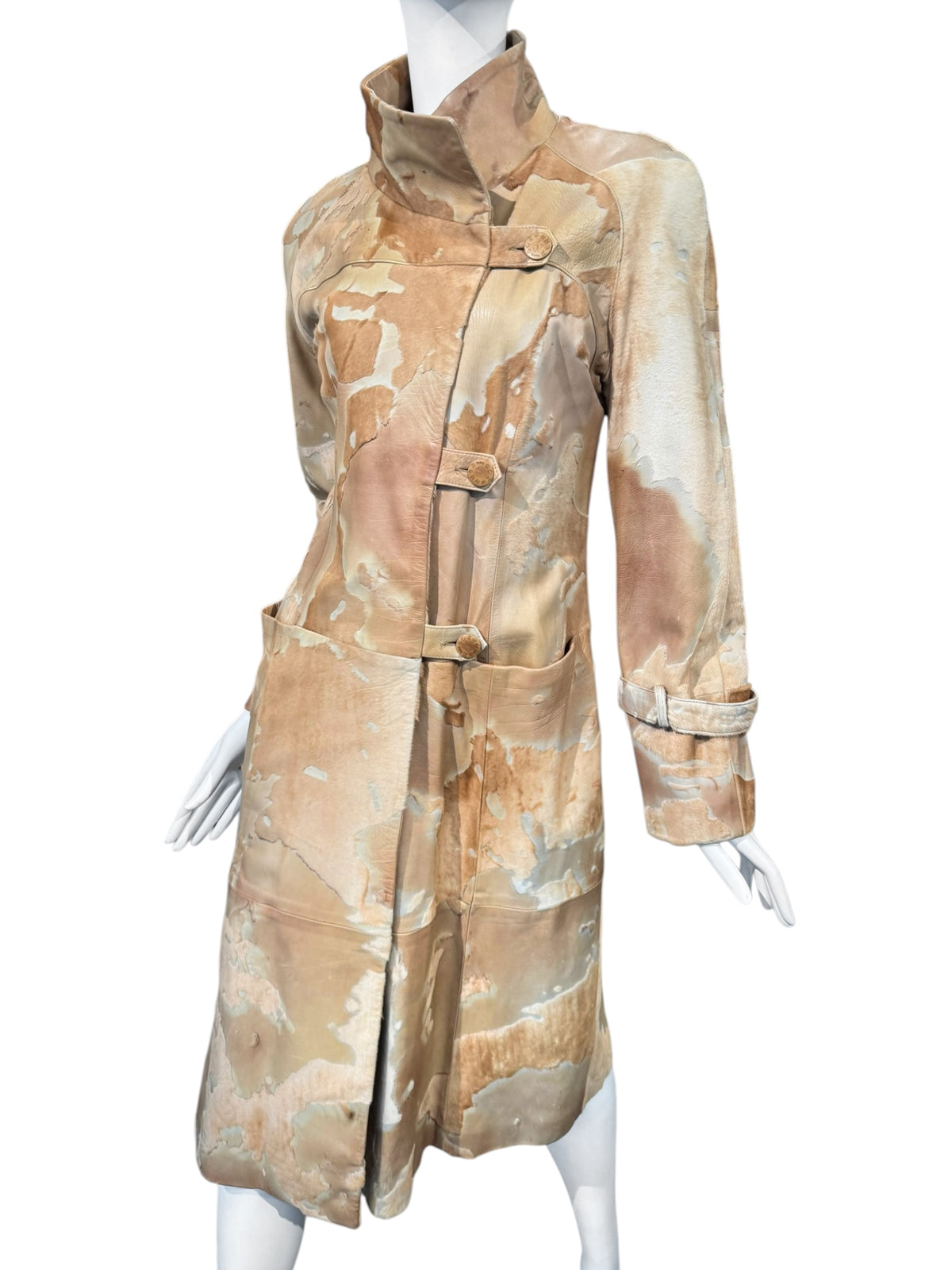 SCHERRER 2000s BY STÉPHANE ROLLAND BEIGE COWHIDE ASYMMETRICAL COAT