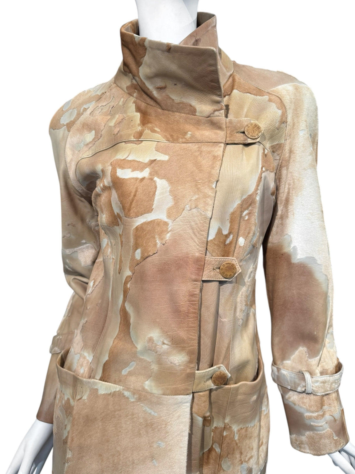 SCHERRER 2000s BY STÉPHANE ROLLAND BEIGE COWHIDE ASYMMETRICAL COAT