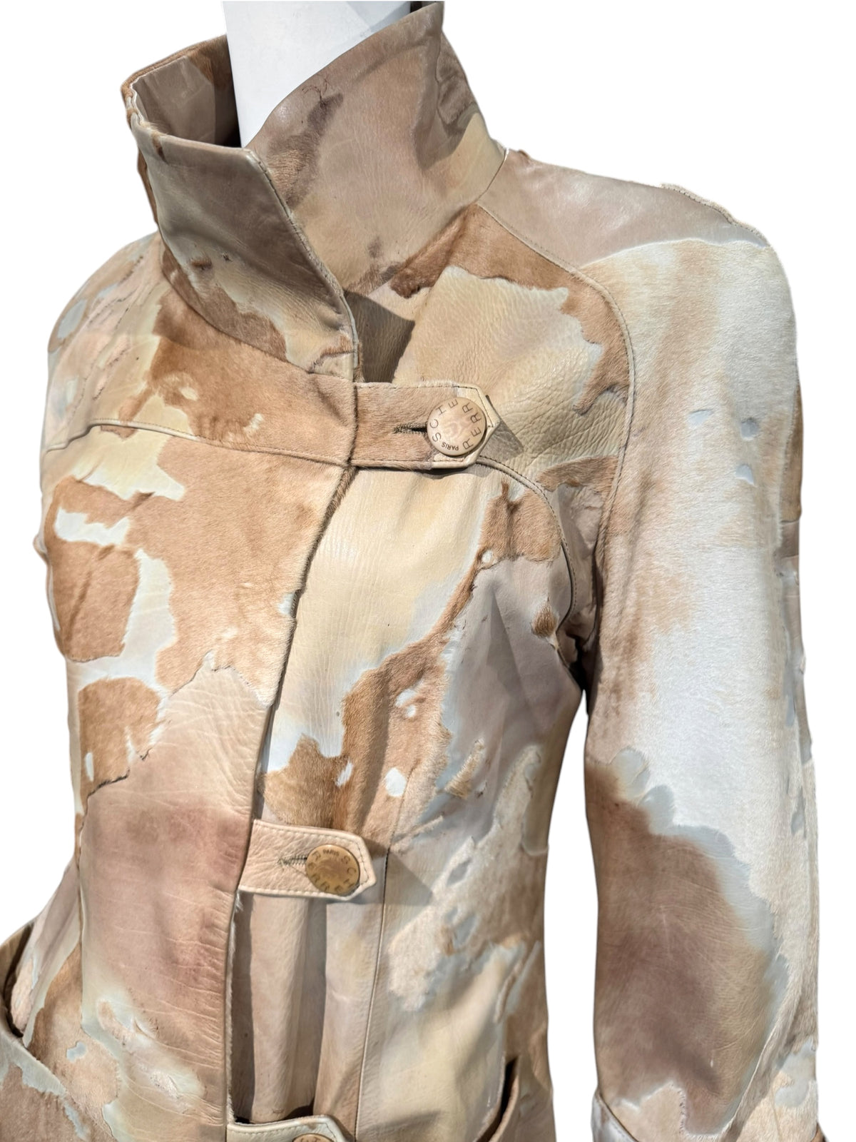 SCHERRER 2000s BY STÉPHANE ROLLAND BEIGE COWHIDE ASYMMETRICAL COAT