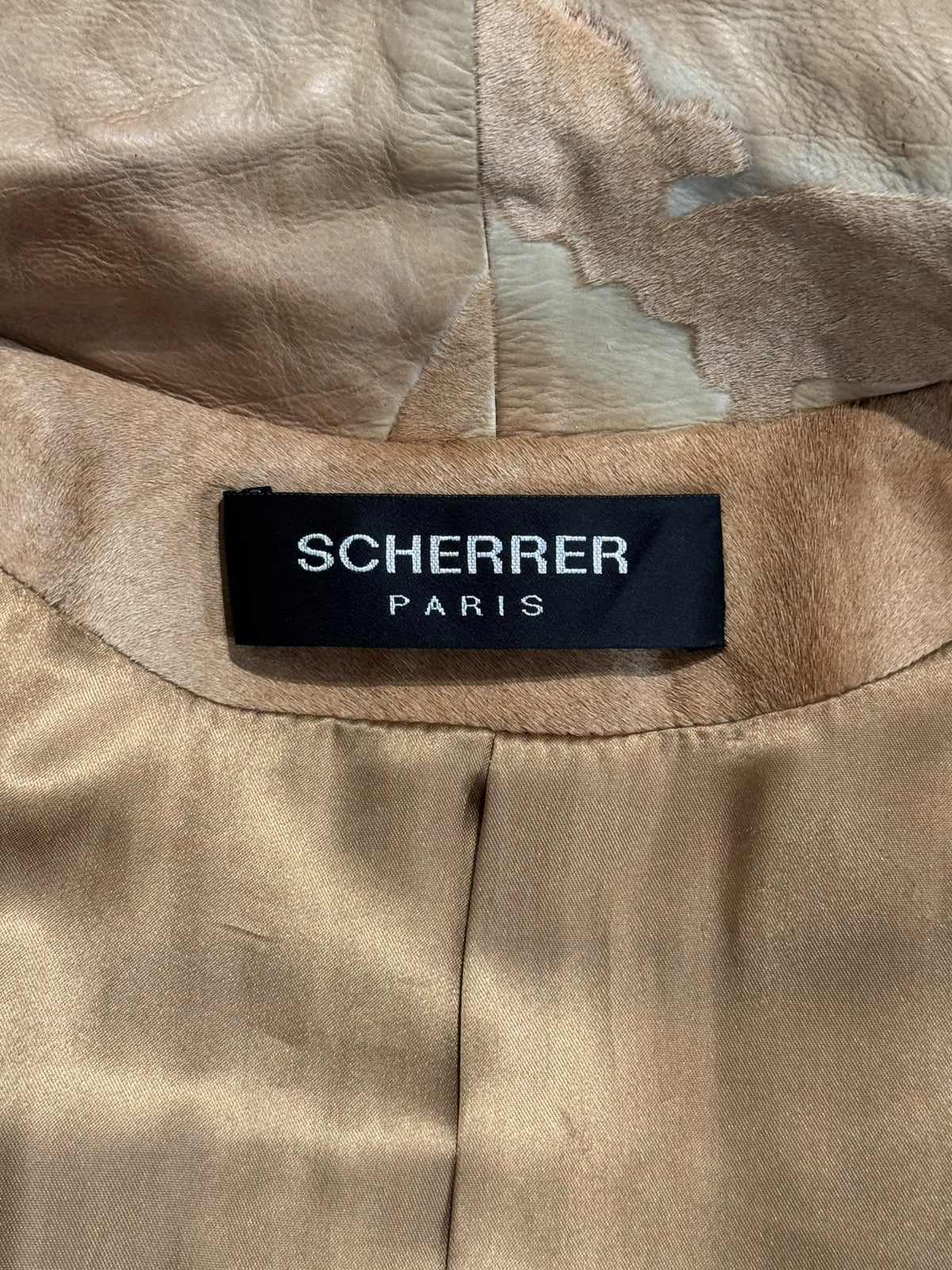 SCHERRER 2000s BY STÉPHANE ROLLAND BEIGE COWHIDE ASYMMETRICAL COAT