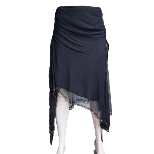 PLEIN SUD 2000s BLACK CHIFFON SILK BEADED ASYMMETRICAL SKIRT