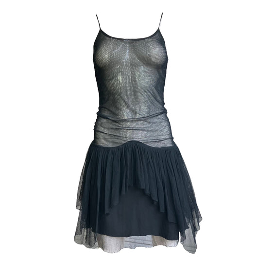 PLEIN SUD FW2004 BLACK TULLE & SILK SLIP DRESS