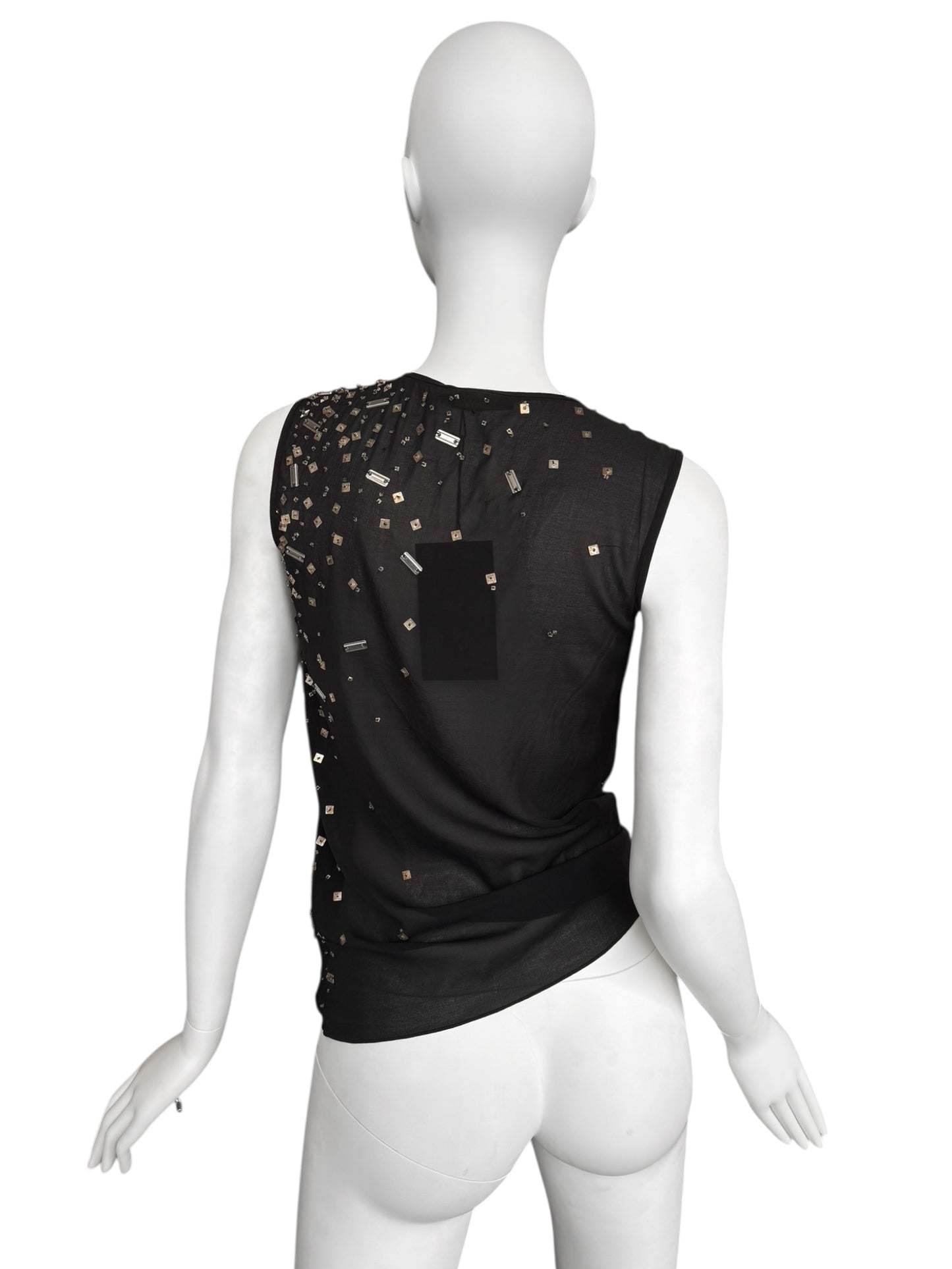 PLEIN SUD FW2003 BLACK SILK CHAINS & SEQUINS EMBELLISHED TANK TOP