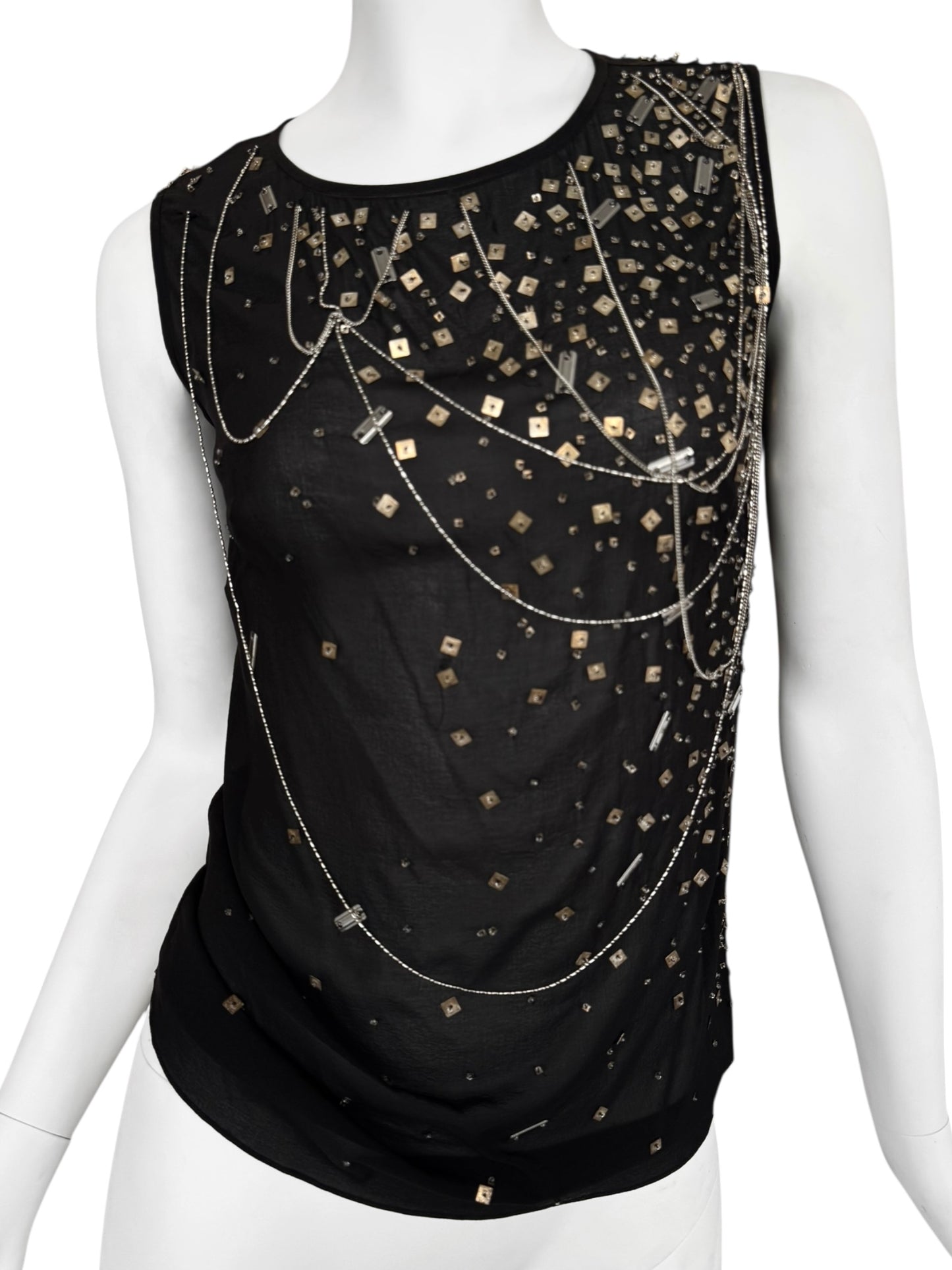 PLEIN SUD FW2003 BLACK SILK CHAINS & SEQUINS EMBELLISHED TANK TOP
