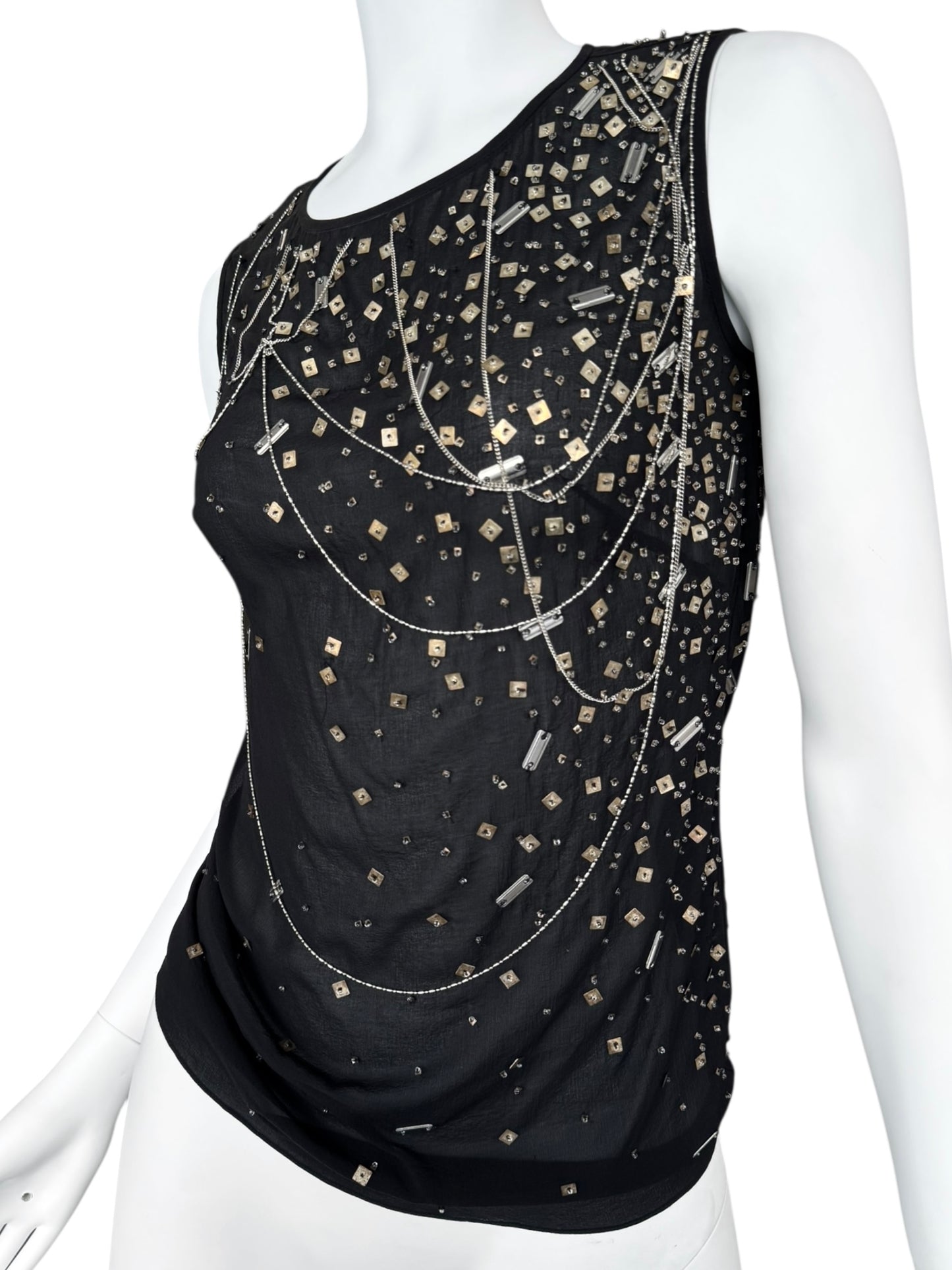 PLEIN SUD FW2003 BLACK SILK CHAINS & SEQUINS EMBELLISHED TANK TOP