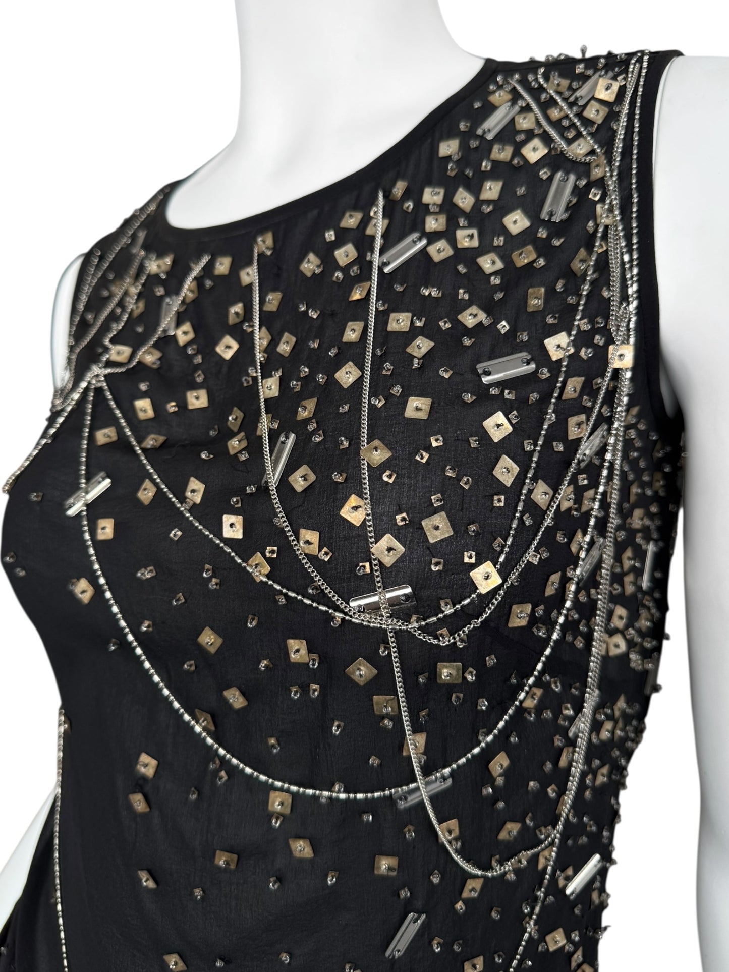 PLEIN SUD FW2003 BLACK SILK CHAINS & SEQUINS EMBELLISHED TANK TOP