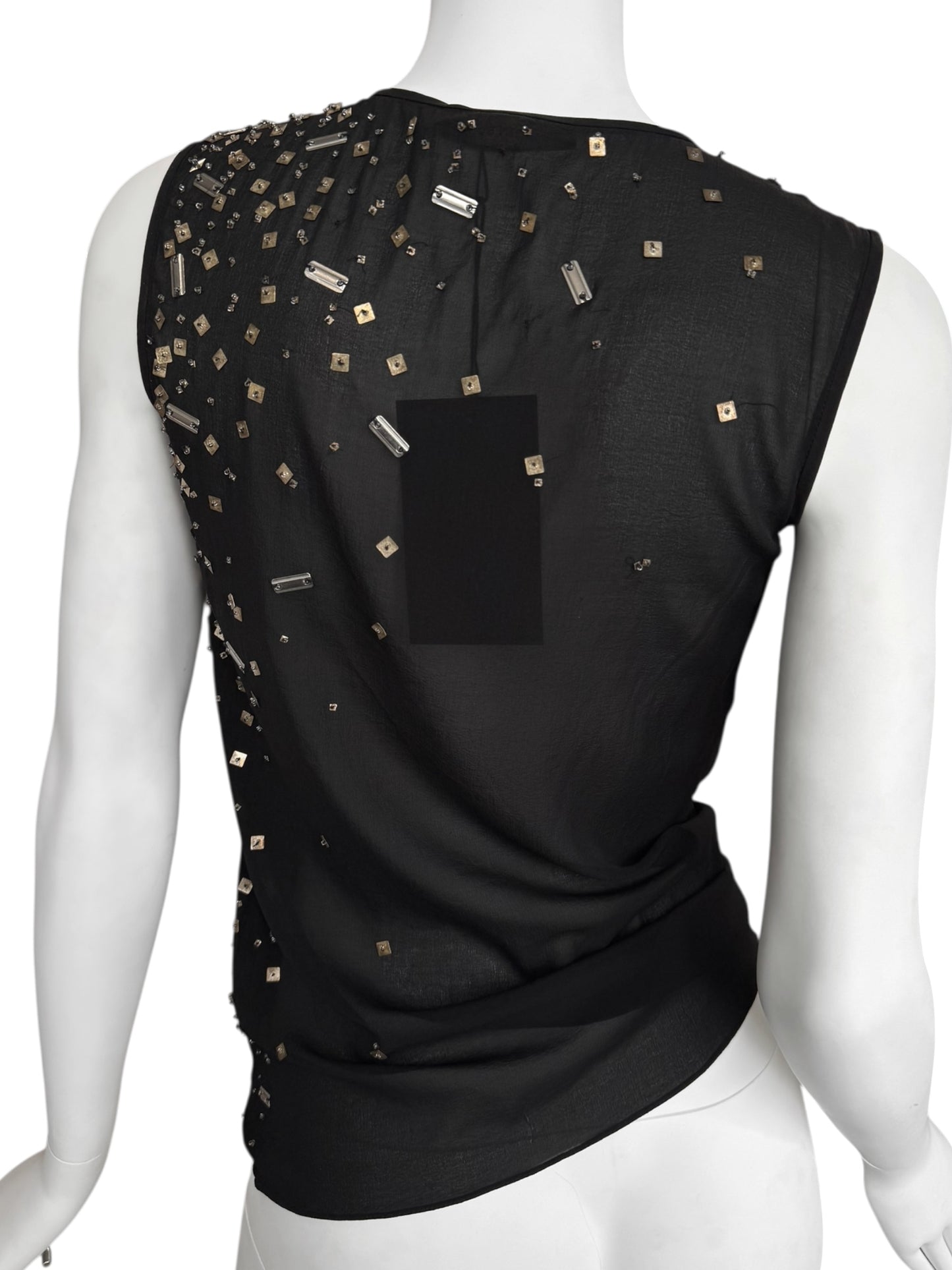 PLEIN SUD FW2003 BLACK SILK CHAINS & SEQUINS EMBELLISHED TANK TOP
