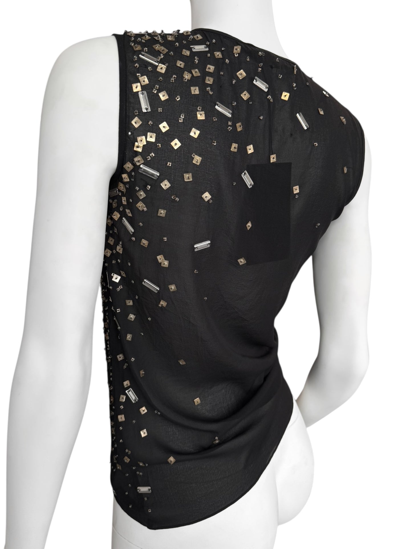 PLEIN SUD FW2003 BLACK SILK CHAINS & SEQUINS EMBELLISHED TANK TOP
