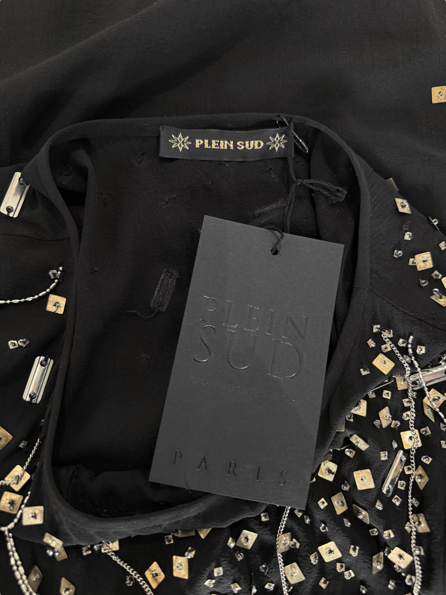 PLEIN SUD FW2003 BLACK SILK CHAINS & SEQUINS EMBELLISHED TANK TOP