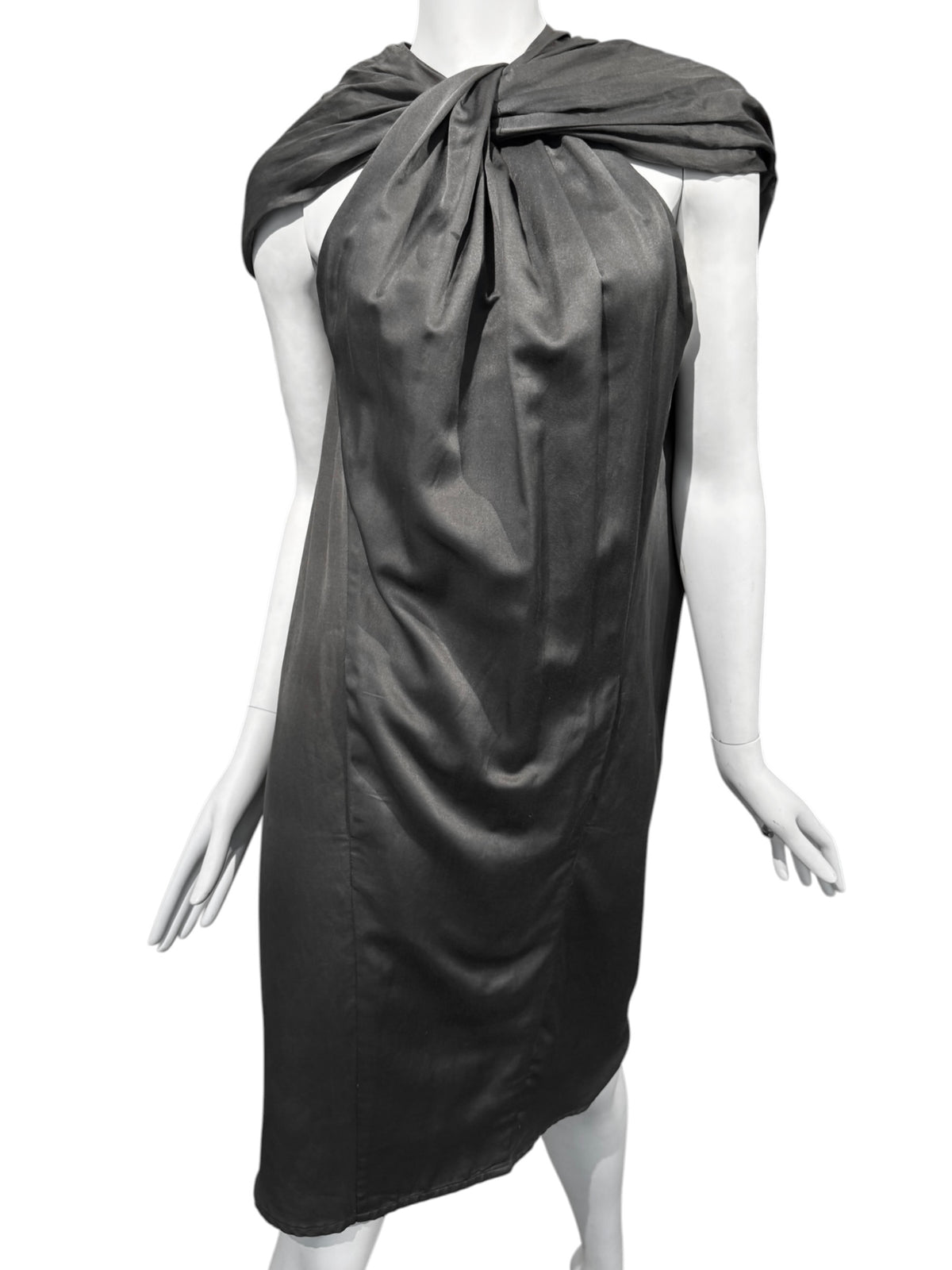 HAIDER ACKERMANN SS2010 GREY COTTON & SILK TWISTED NECKLINE MIDI DRESS