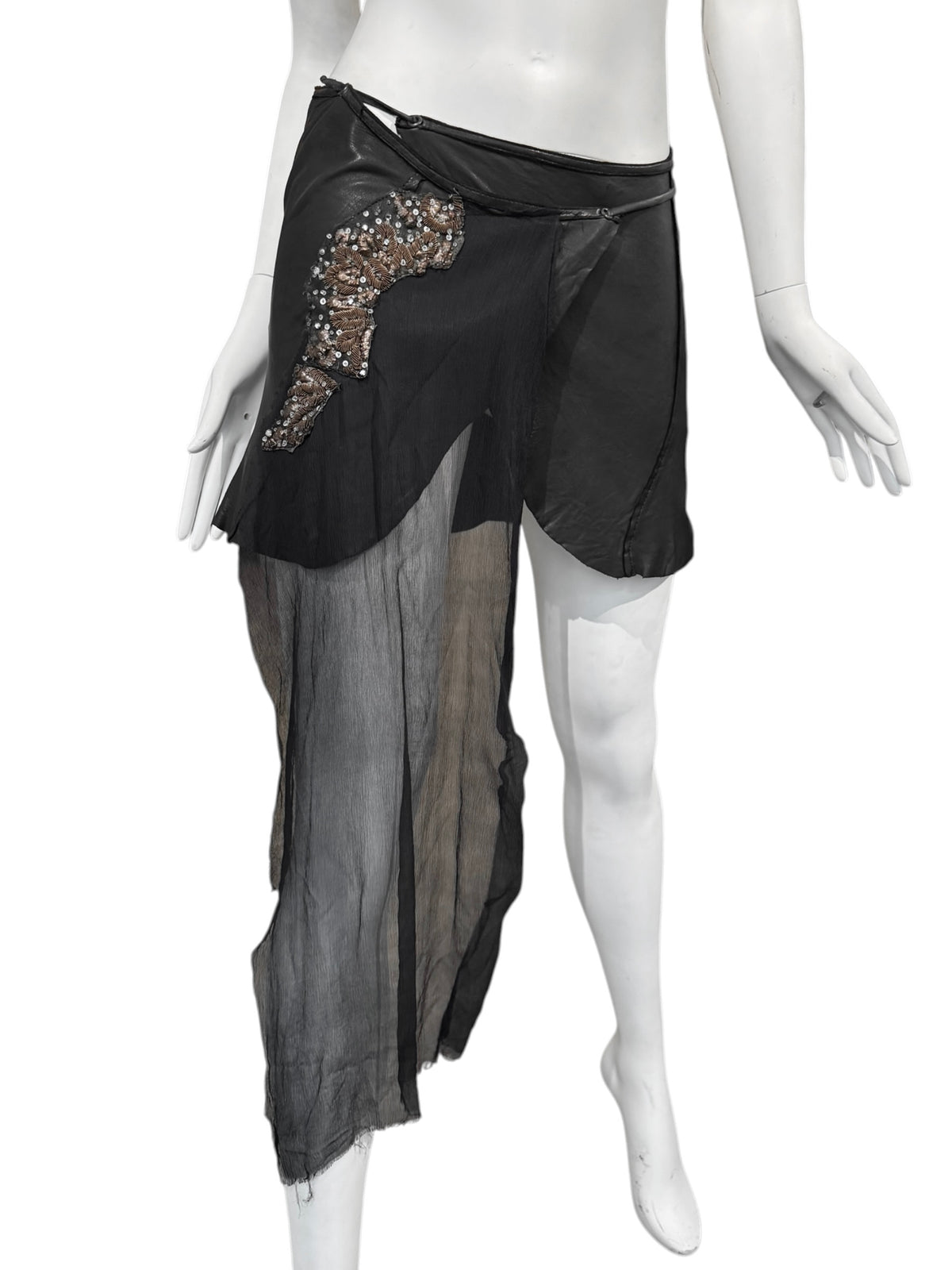 LE CUIR PERDU 2010s BLACK LEATHER & SILK PANEL WRAP MINI SKIRT