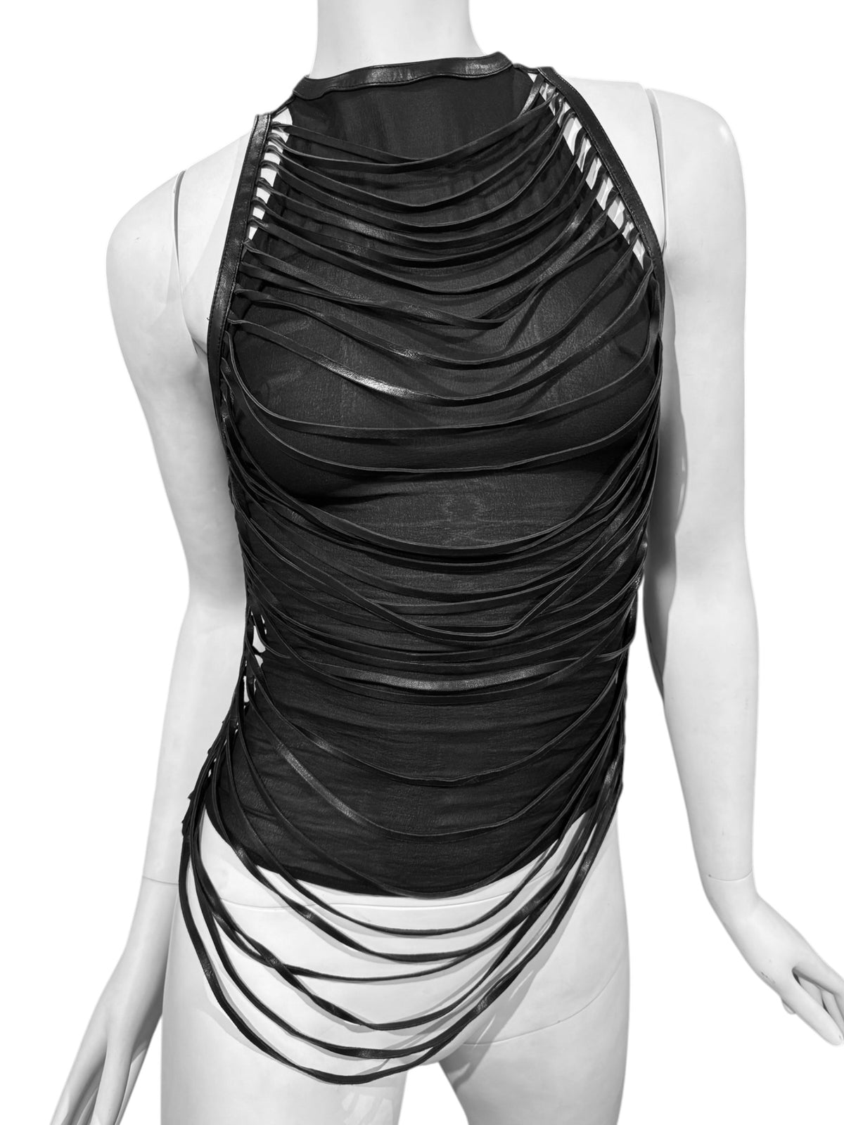 JITROIS 2000s BLACK SILK & LEATHER DRAPED STRAPPY TANK TOP